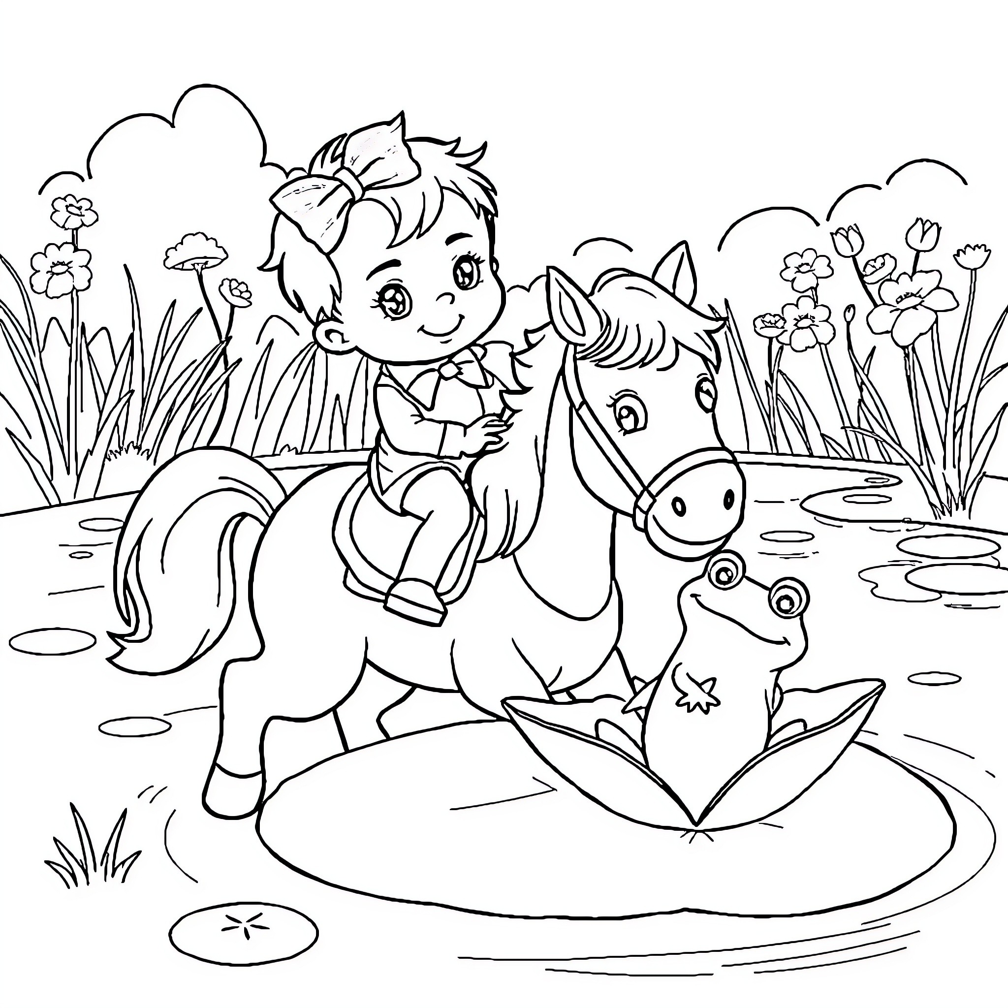 Toddler playing happily with pony and frog in nature Coloring Page (free black-and-white line drawing printable PDF for all, from beginners to advanced learners, including children, teens, adults, and seniors)