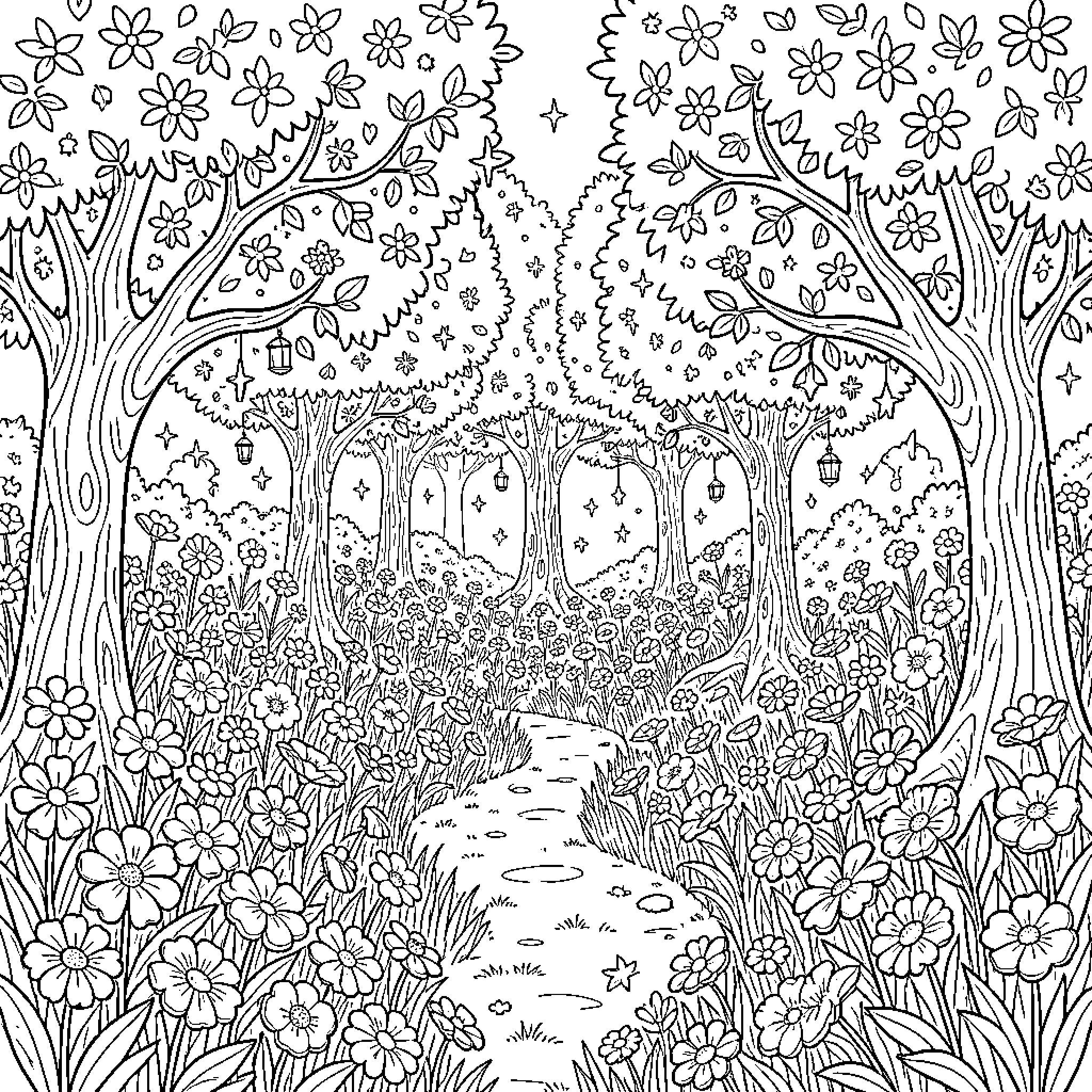 Garden of Enchanting Blooms and Whimsical Pathways Coloring Page (free black-and-white line drawing printable PDF for all, from beginners to advanced learners, including children, teens, adults, and seniors)