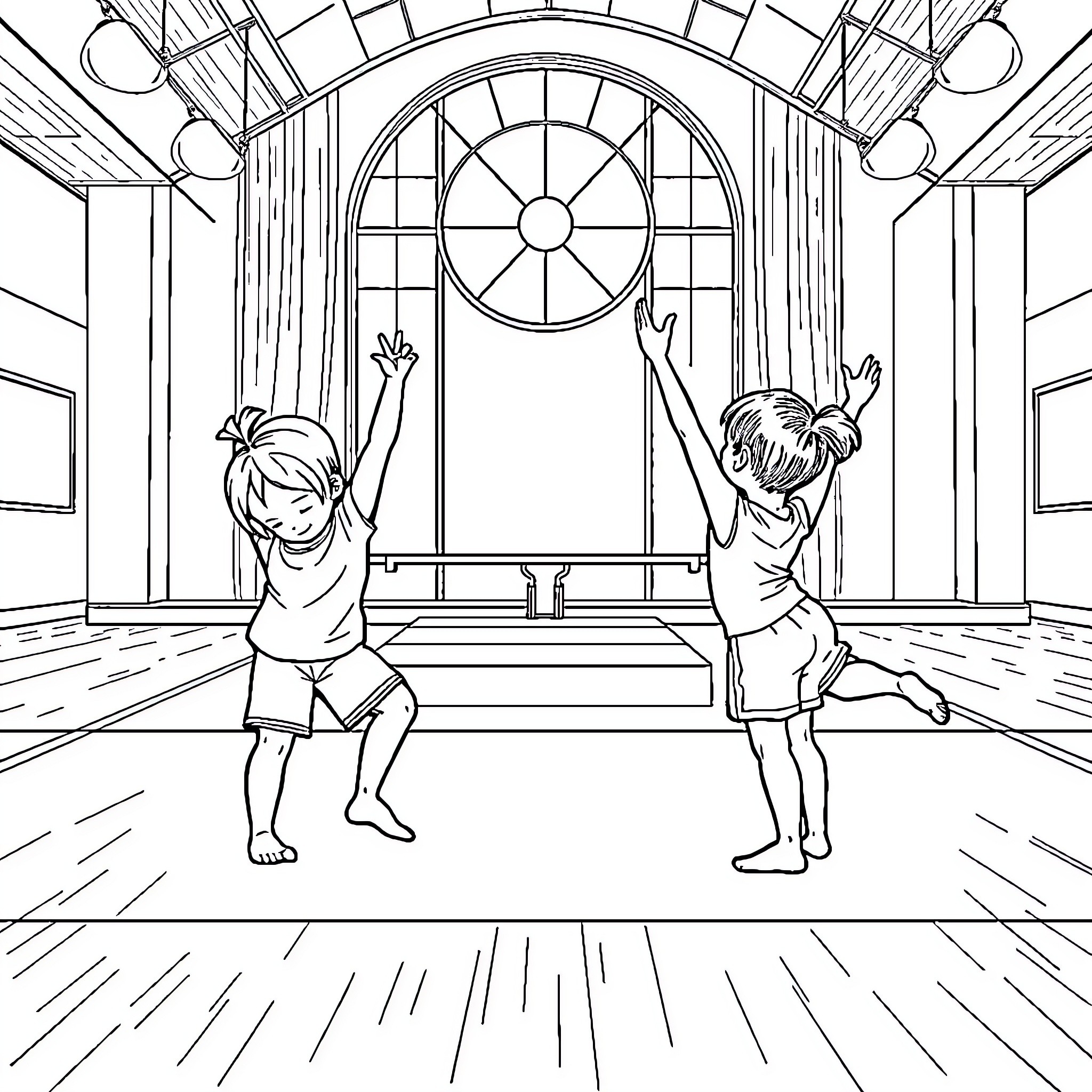 Children playing joyfully in an indoor space Coloring Page (free black-and-white line drawing printable PDF for all, from beginners to advanced learners, including children, teens, adults, and seniors)