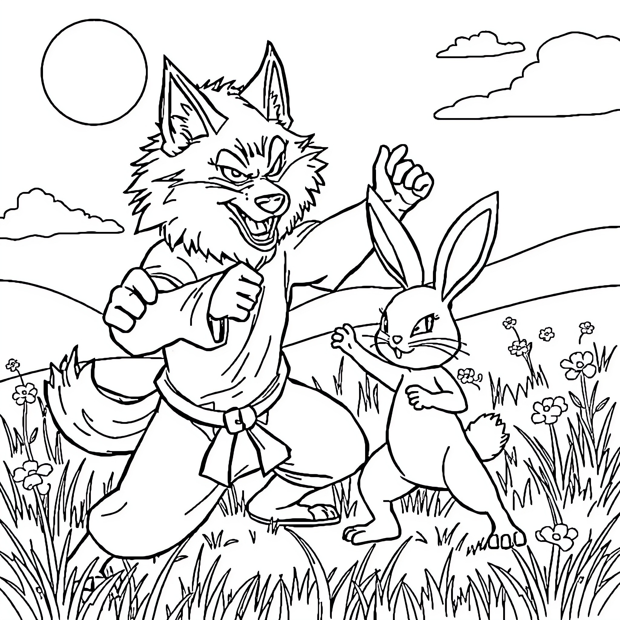Wolf and rabbit fighting in the field Coloring Page (free black-and-white line drawing printable PDF for all, from beginners to advanced learners, including children, teens, adults, and seniors)