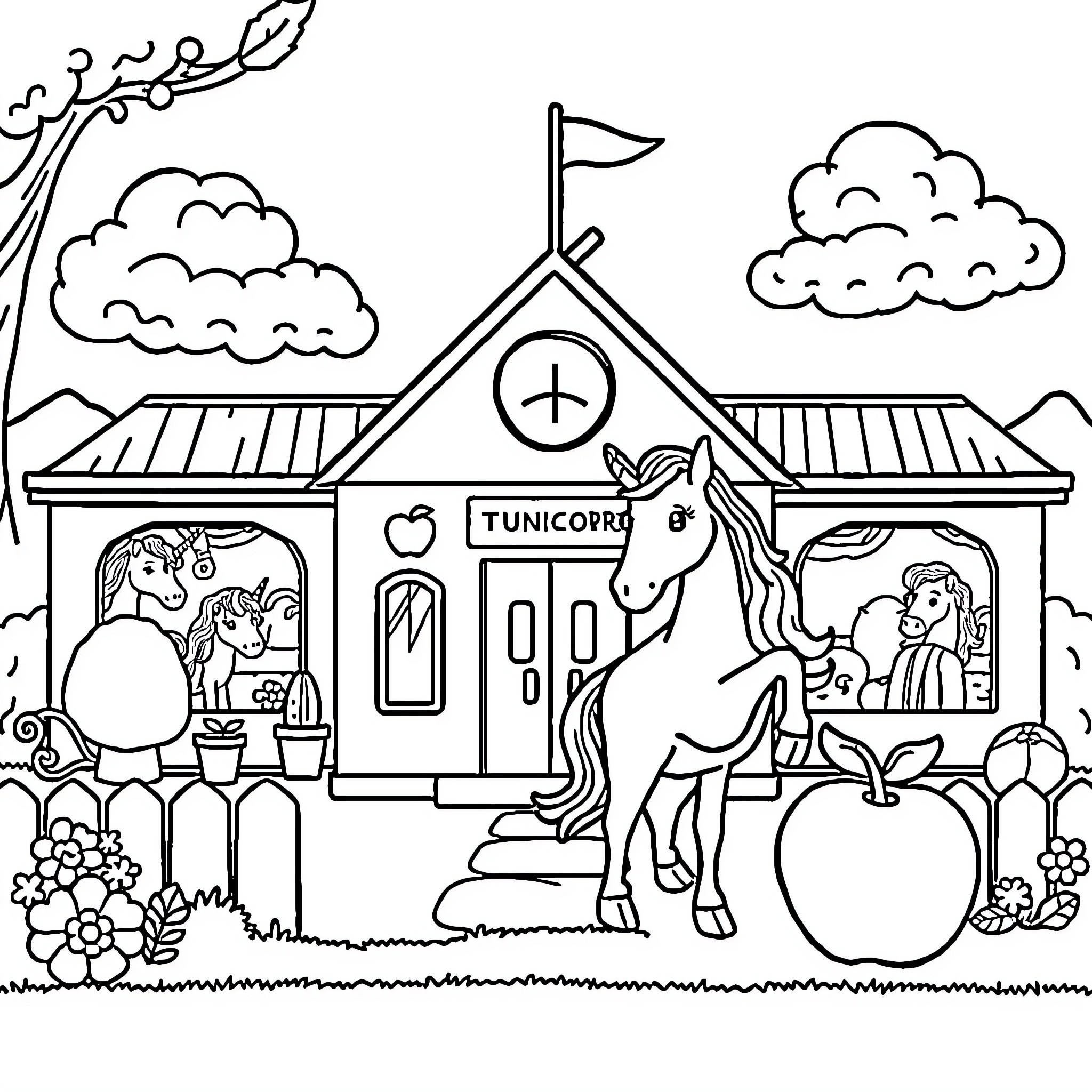 Apple Unicorn Shop with Playful Scenes Coloring Page (free black-and-white line drawing printable PDF for all, from beginners to advanced learners, including children, teens, adults, and seniors)