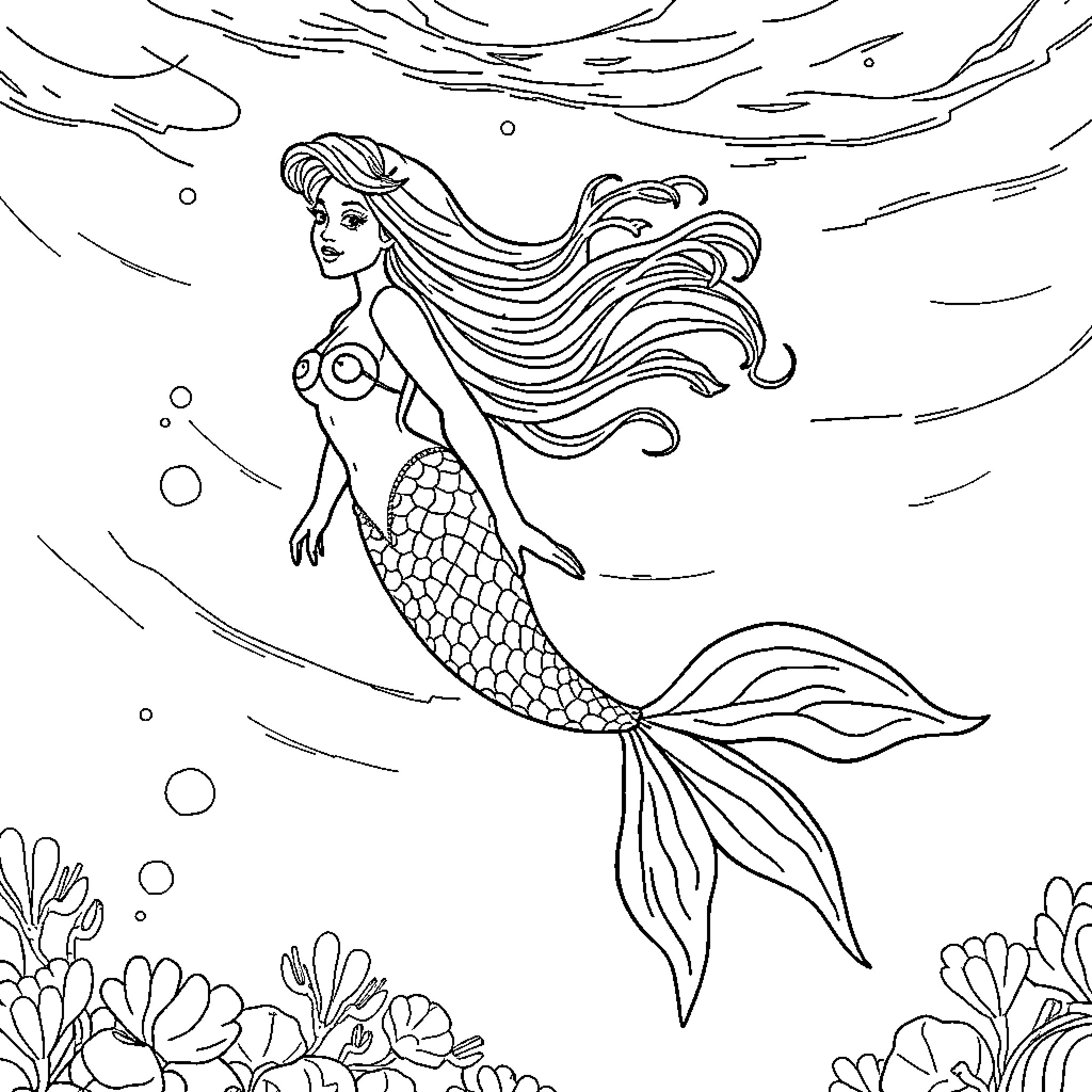 Mermaid swimming gracefully through the ocean waves Coloring Page (free black-and-white line drawing printable PDF for all, from beginners to advanced learners, including children, teens, adults, and seniors)