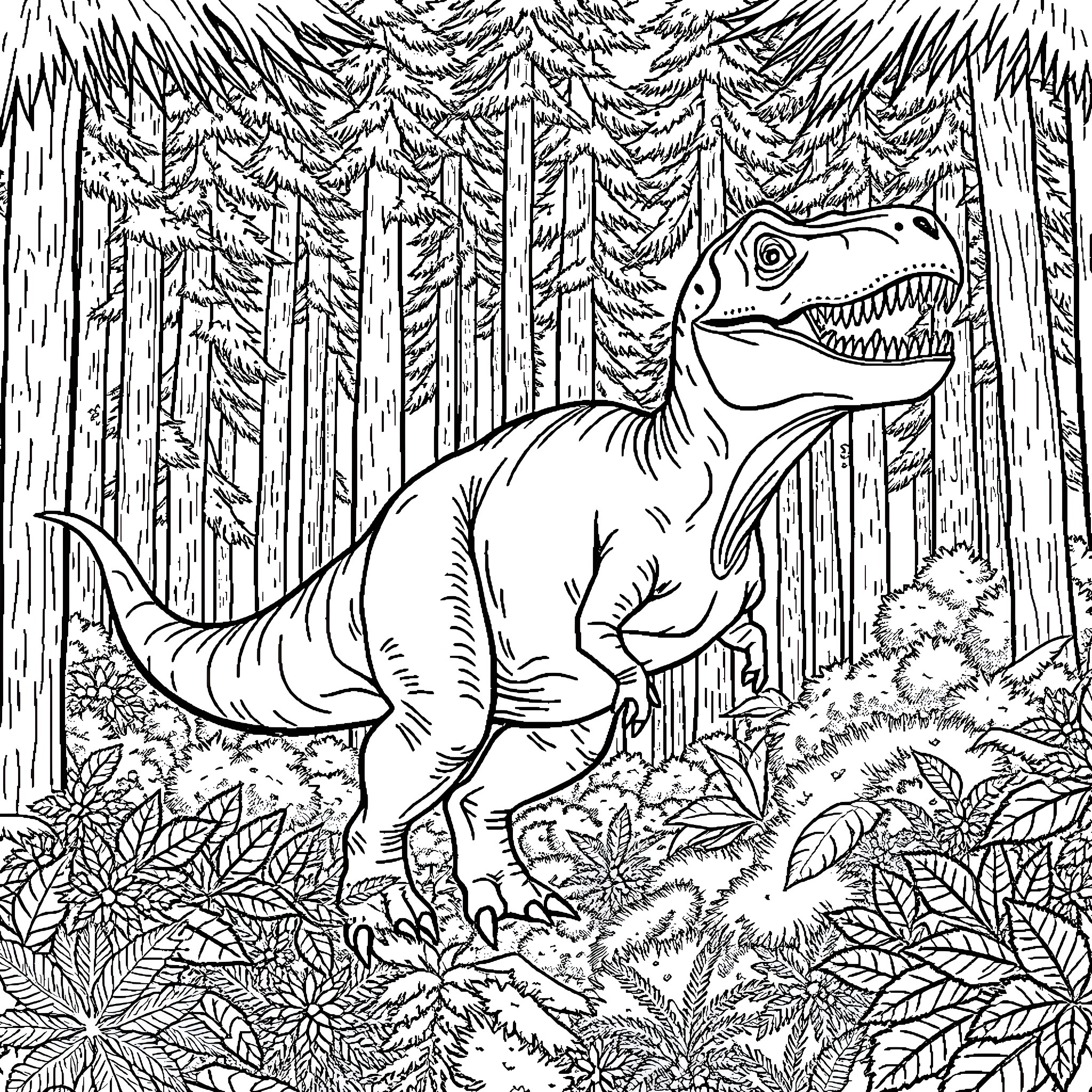 T-Rex roaring in the dense forest Coloring Page (free black-and-white line drawing printable PDF for all, from beginners to advanced learners, including children, teens, adults, and seniors)