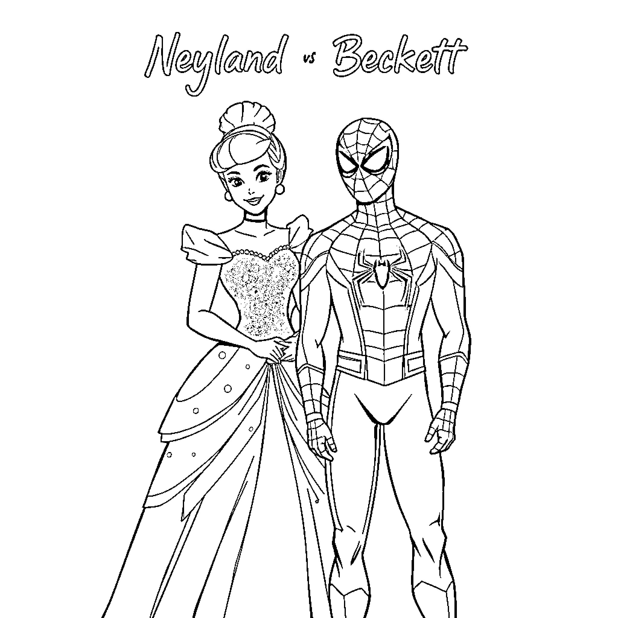 Cinderella and Spiderman in Elegant Outfits Coloring Page (free black-and-white line drawing printable PDF for all, from beginners to advanced learners, including children, teens, adults, and seniors)