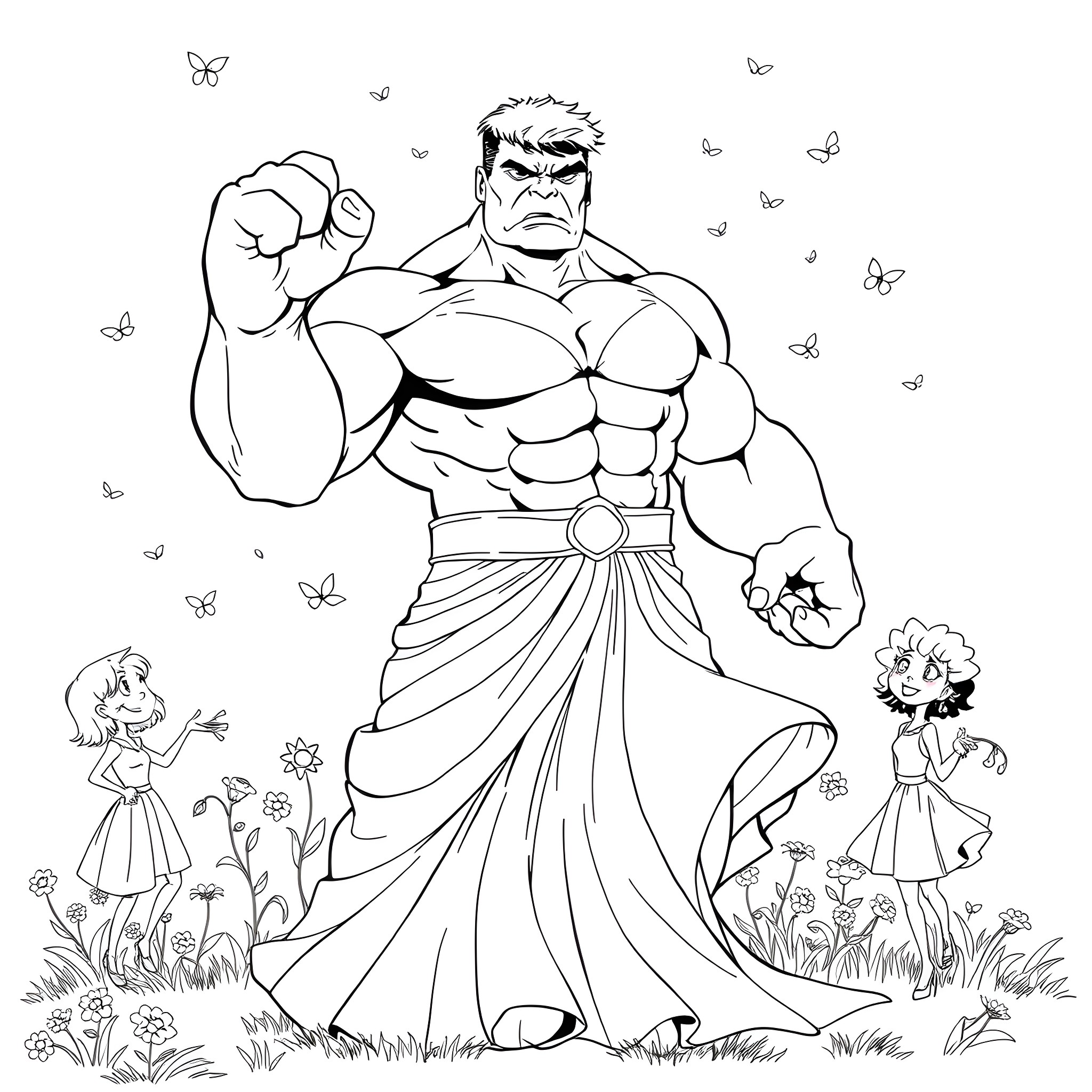 Hulk Unleashed: Muscular Superhero in Flowing Attire Coloring Page (free black-and-white line drawing printable PDF for all, from beginners to advanced learners, including children, teens, adults, and seniors)