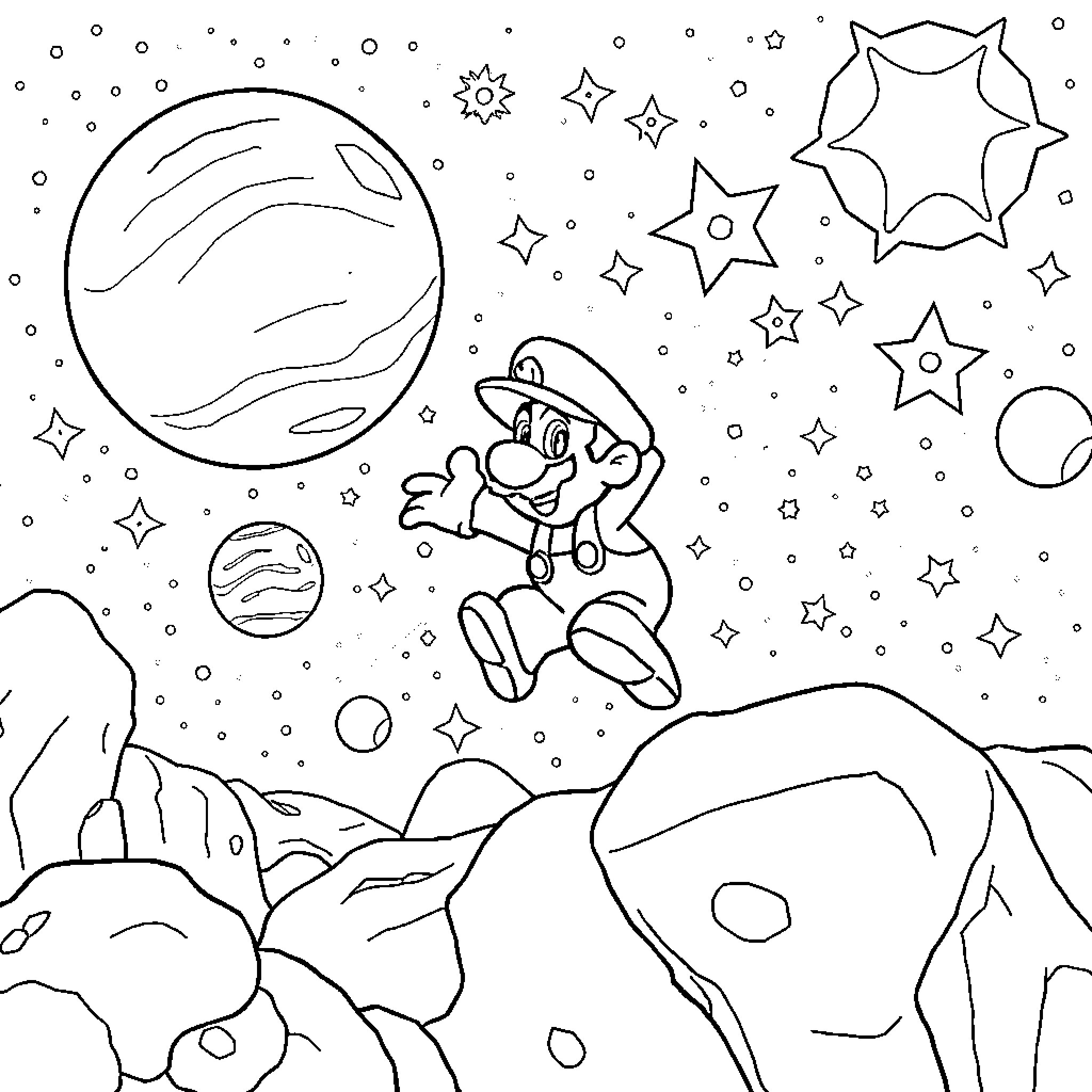 Mario's Cosmic Adventure Coloring Page (free black-and-white line drawing printable PDF for all, from beginners to advanced learners, including children, teens, adults, and seniors)