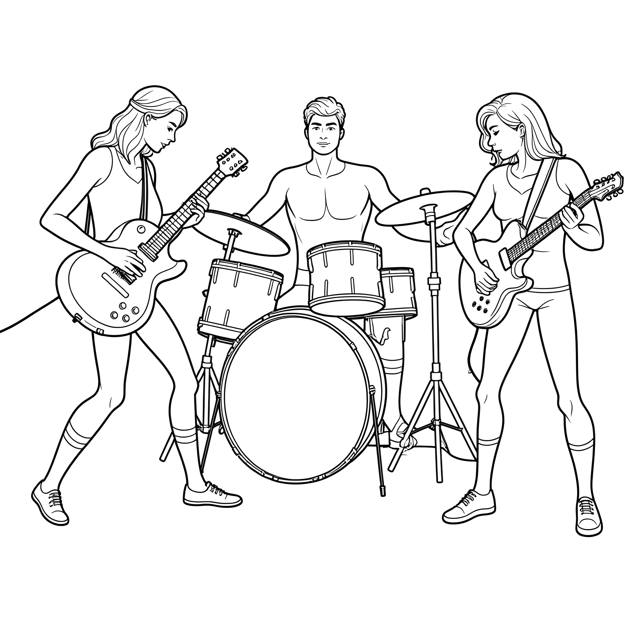 Super Friends Forming a Rock Band Coloring Page (free black-and-white line drawing printable PDF for all, from beginners to advanced learners, including children, teens, adults, and seniors)