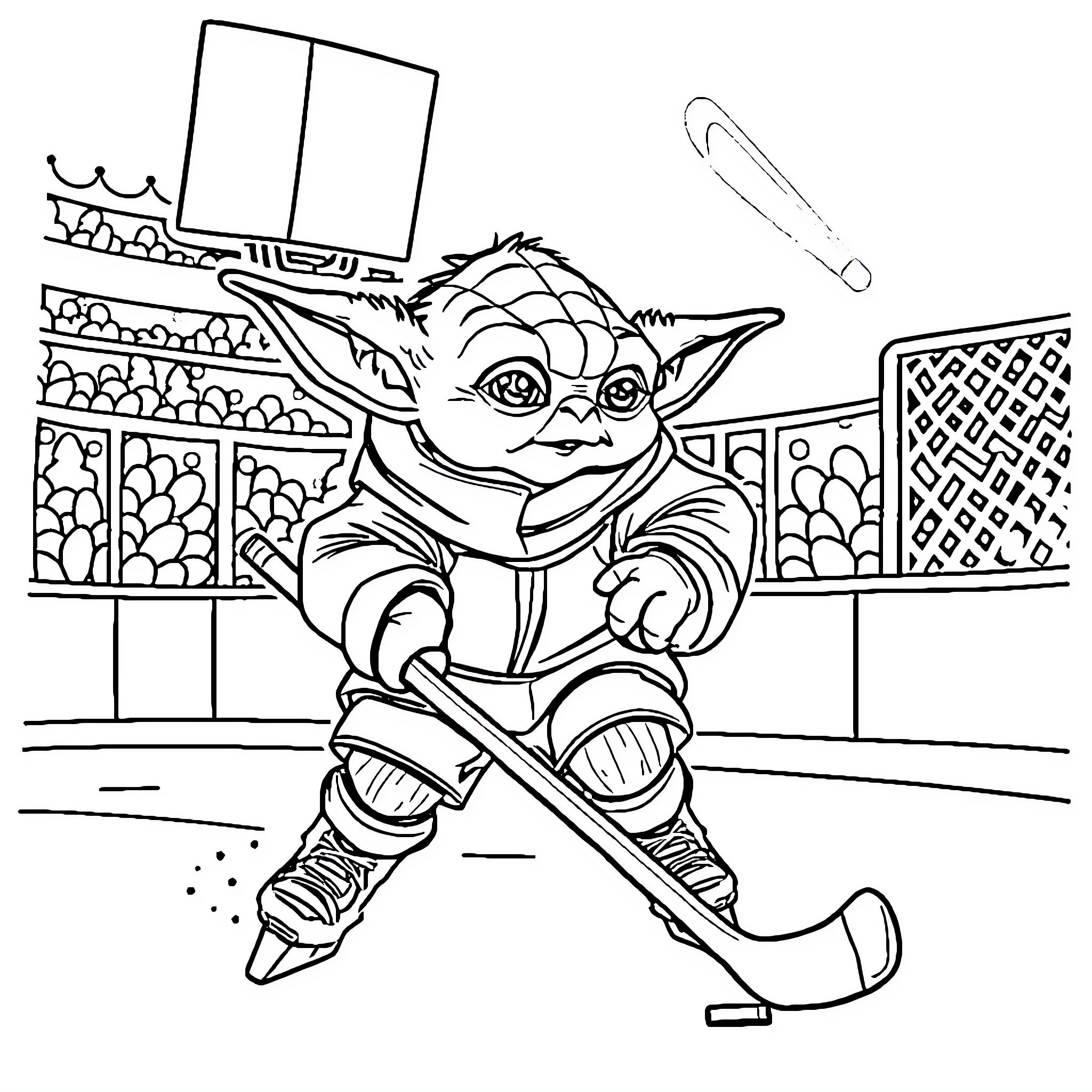Yoda playing hockey on the ice rink Coloring Page (free black-and-white line drawing printable PDF for all, from beginners to advanced learners, including children, teens, adults, and seniors)