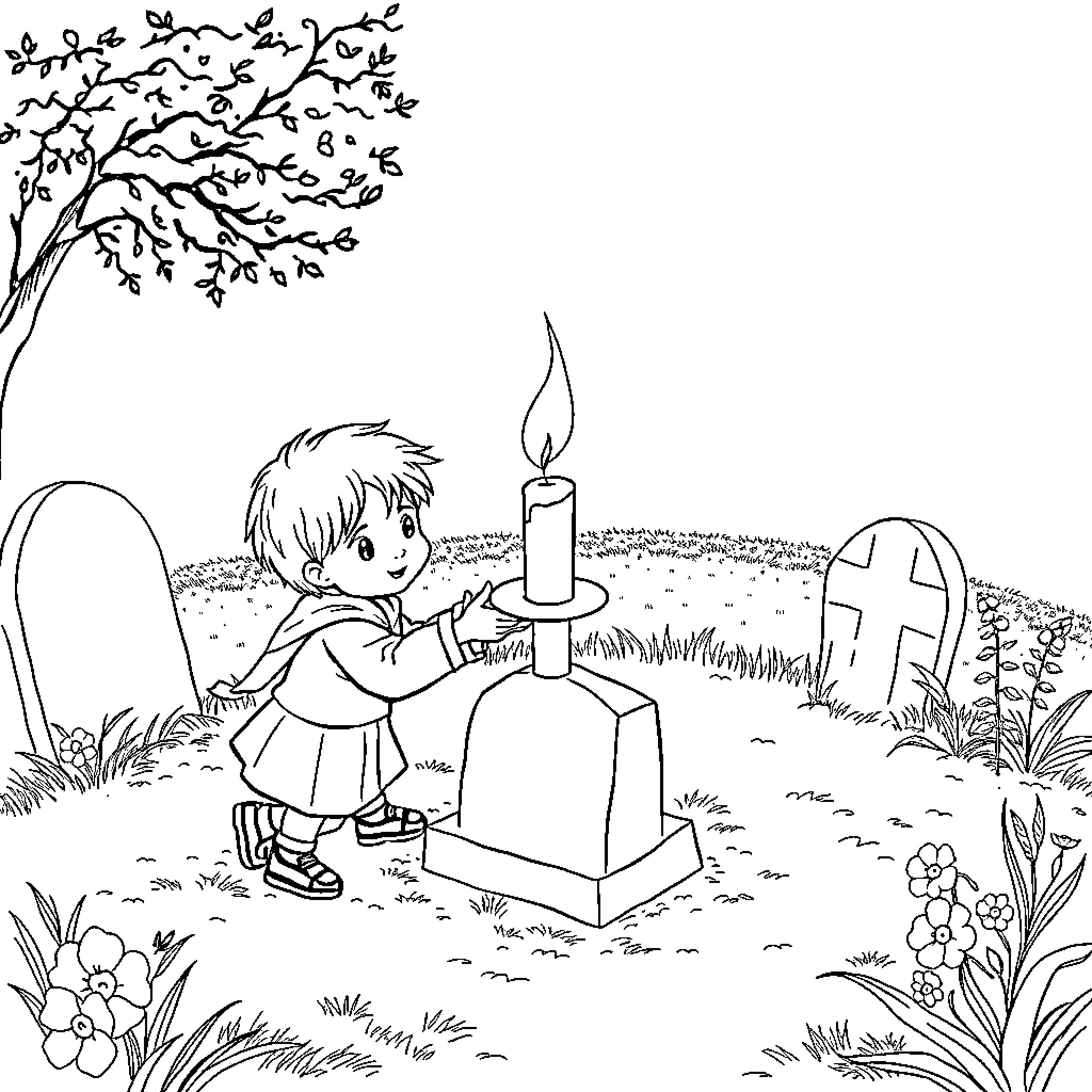 Child lighting a candle at a grave Coloring Page (free black-and-white line drawing printable PDF for all, from beginners to advanced learners, including children, teens, adults, and seniors)
