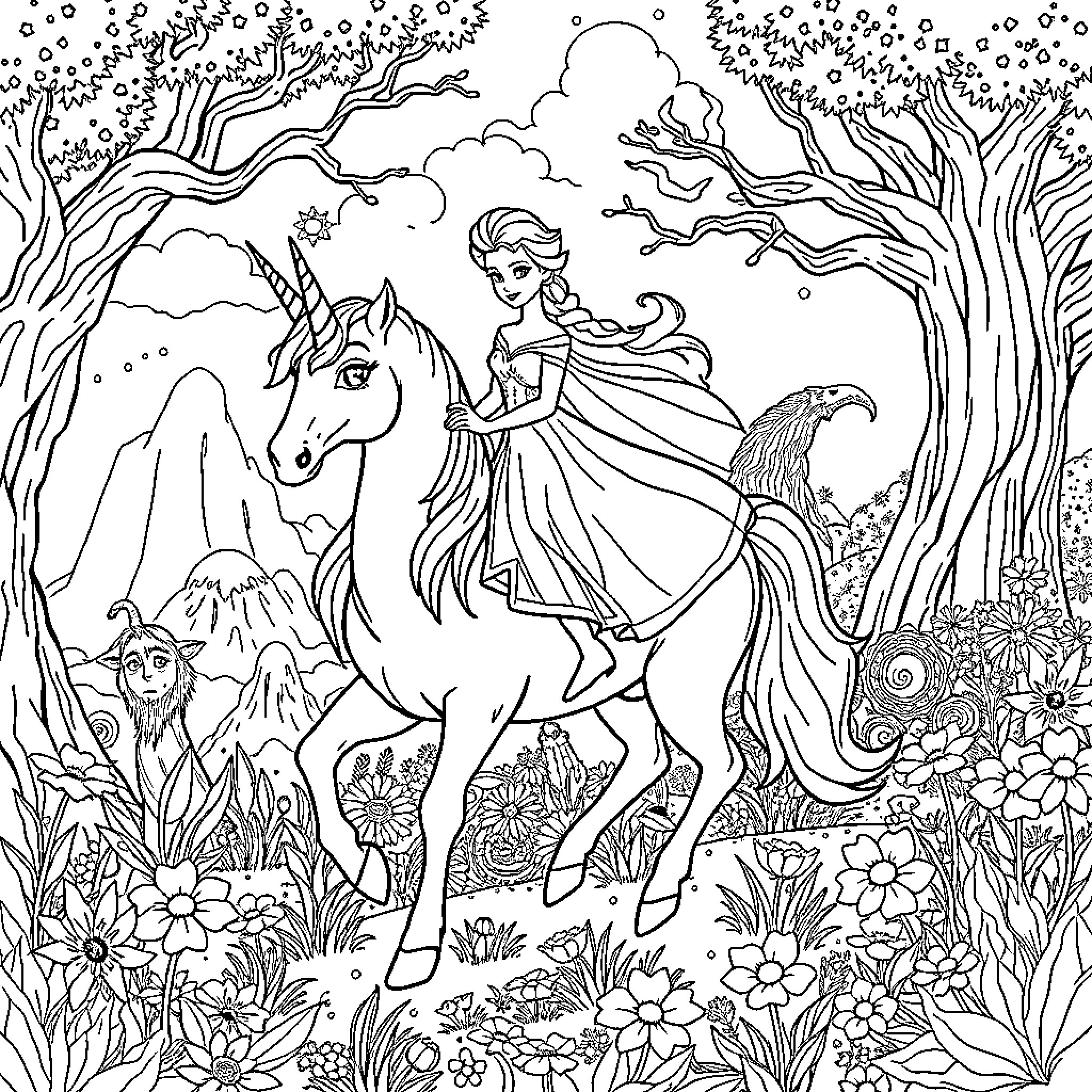 Elsa riding a unicorn through a magical forest Coloring Page (free black-and-white line drawing printable PDF for all, from beginners to advanced learners, including children, teens, adults, and seniors)