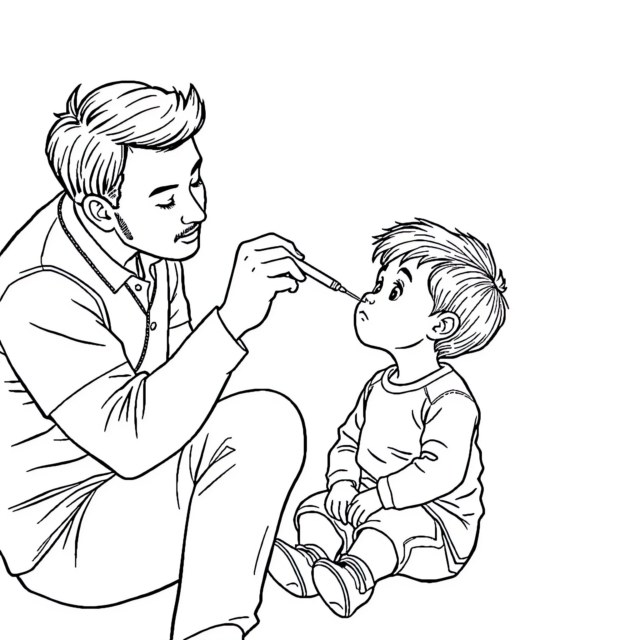 Kid gets medical check-up from caring adult Coloring Page (free black-and-white line drawing printable PDF for all, from beginners to advanced learners, including children, teens, adults, and seniors)