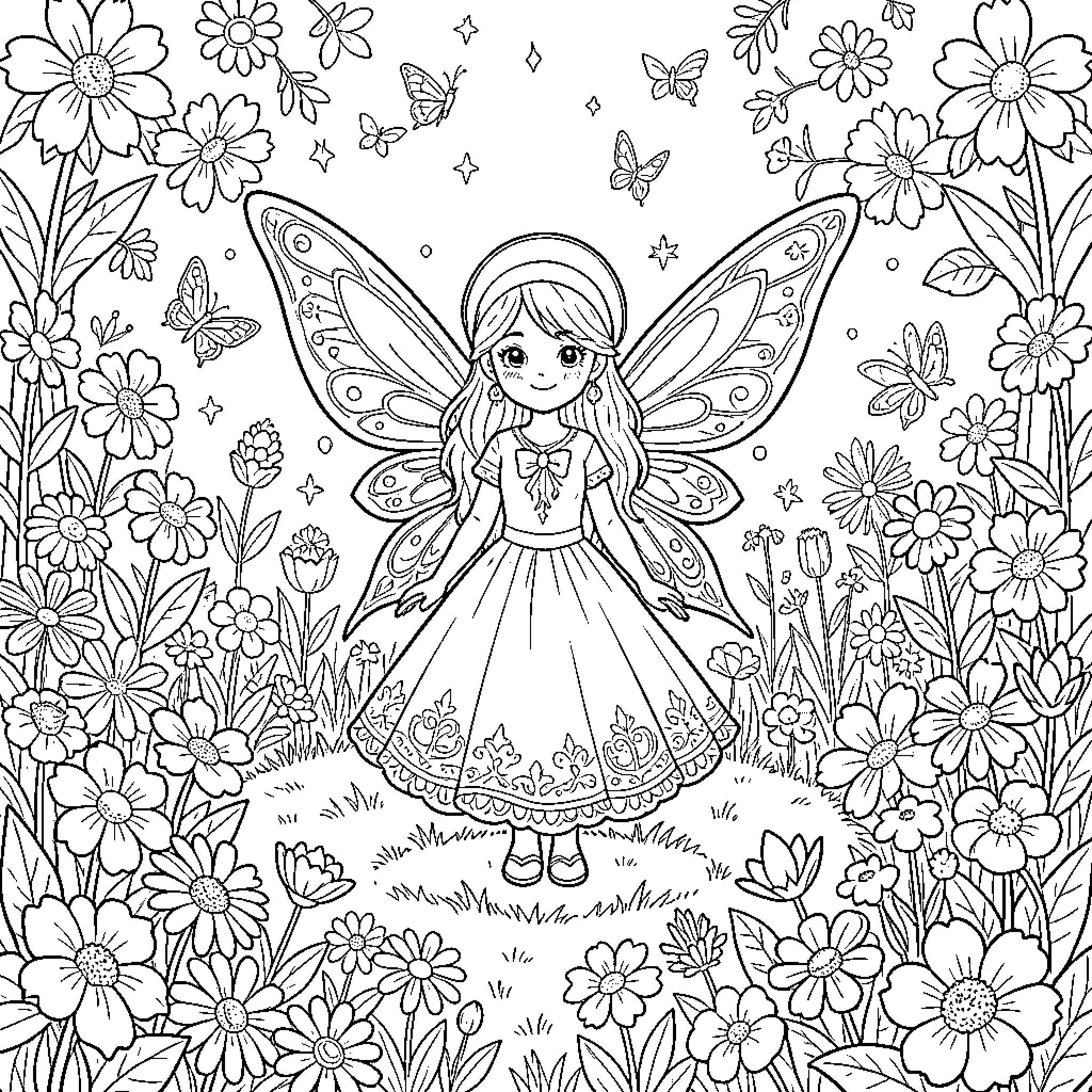 Fairy girl surrounded by magical flowers and butterflies Coloring Page (free black-and-white line drawing printable PDF for all, from beginners to advanced learners, including children, teens, adults, and seniors)