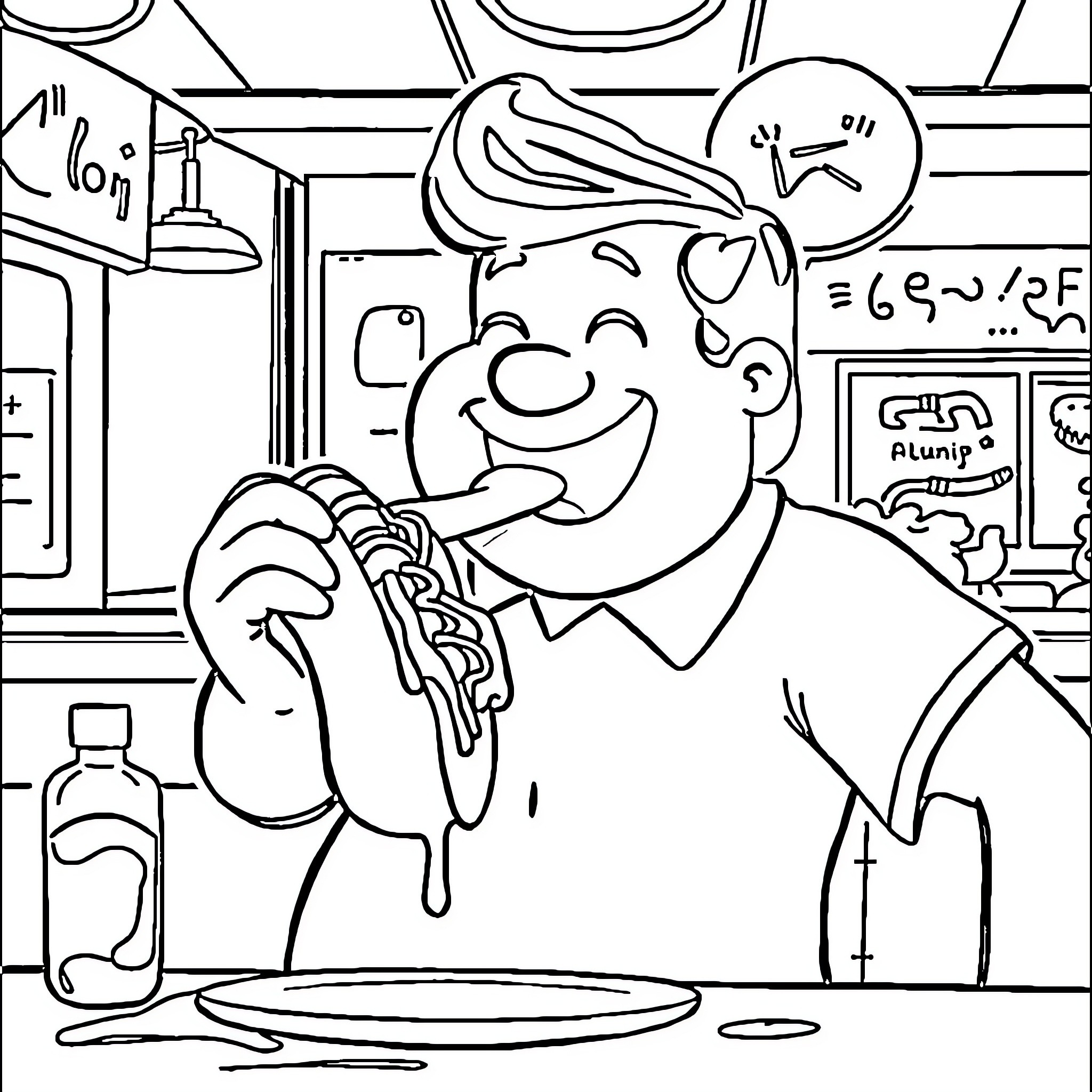 Bob Belcher preparing a tasty meal in the restaurant kitchen Coloring Page (free black-and-white line drawing printable PDF for all, from beginners to advanced learners, including children, teens, adults, and seniors)