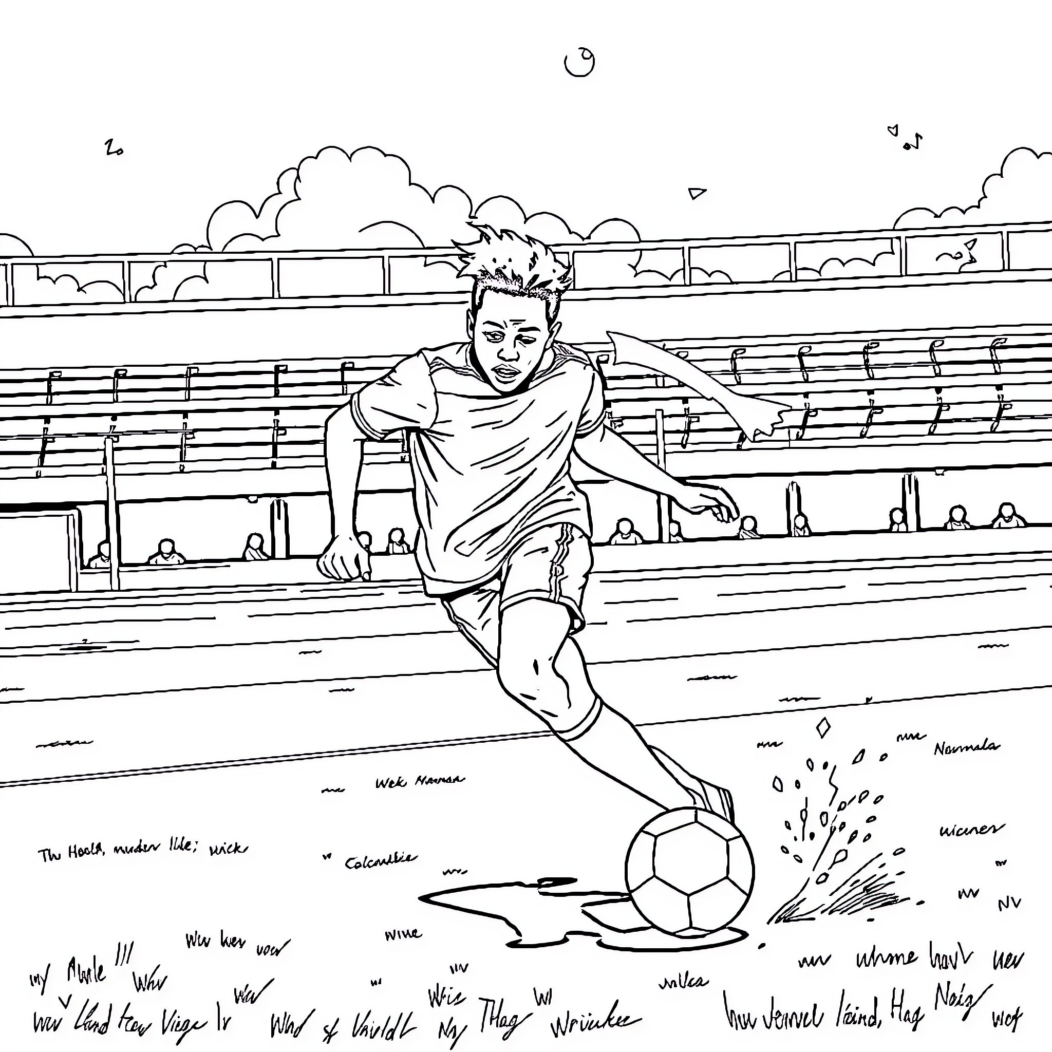 Student playing soccer with enthusiasm on the field Coloring Page (free black-and-white line drawing printable PDF for all, from beginners to advanced learners, including children, teens, adults, and seniors)