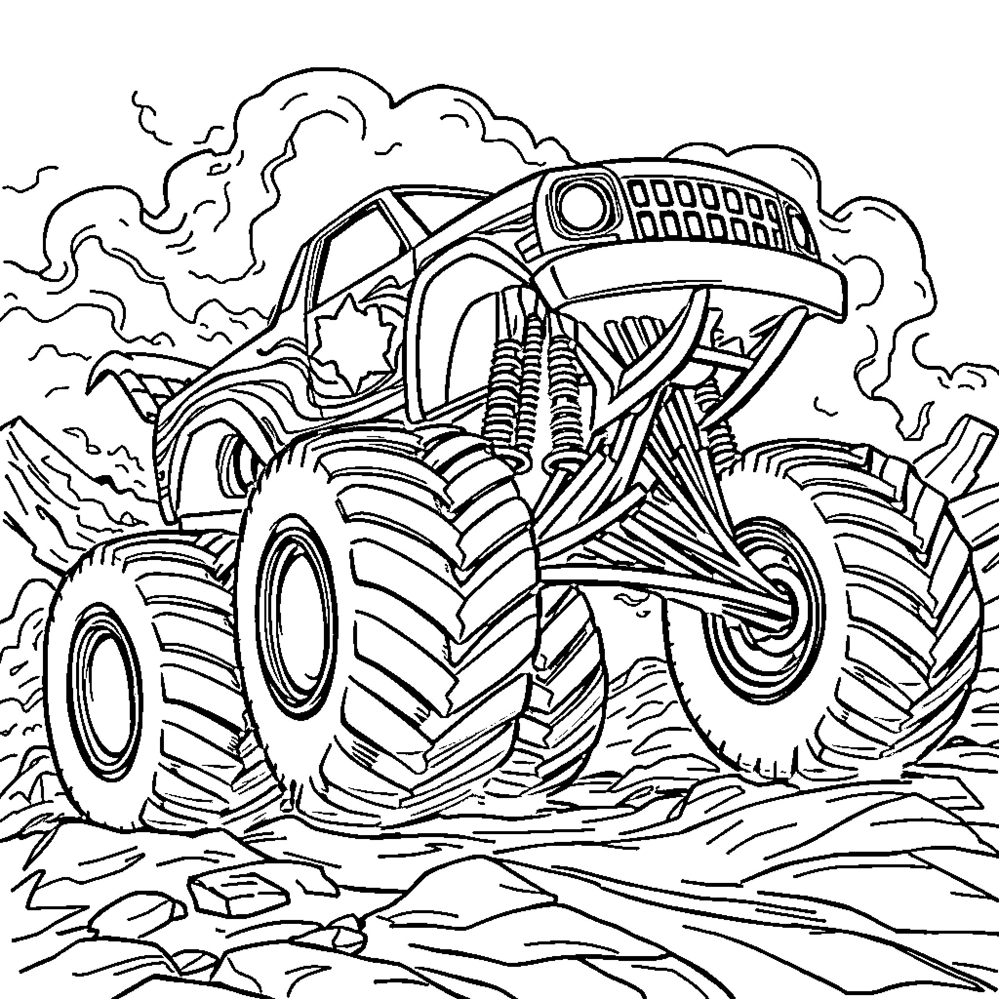Monster Truck Crushing Through Rugged Terrain Coloring Page (free black-and-white line drawing printable PDF for all, from beginners to advanced learners, including children, teens, adults, and seniors)