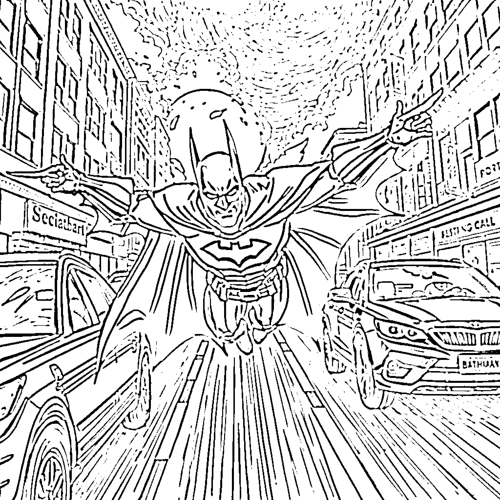 Batman soaring through the bustling city Coloring Page (free black-and-white line drawing printable PDF for all, from beginners to advanced learners, including children, teens, adults, and seniors)