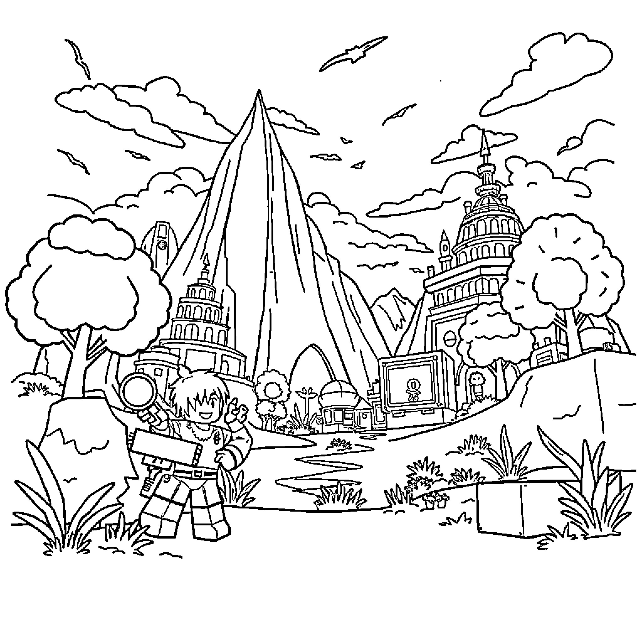 Roblox characters exploring a fantastical city landscape Coloring Page (free black-and-white line drawing printable PDF for all, from beginners to advanced learners, including children, teens, adults, and seniors)