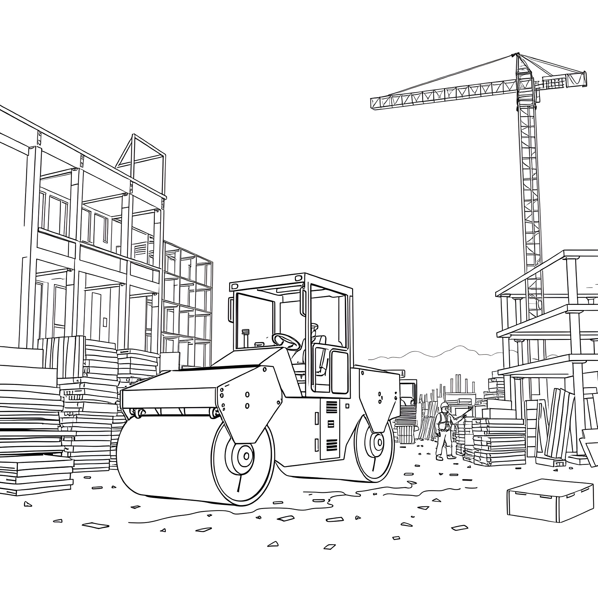 Roller compacting construction site with crane Coloring Page (free black-and-white line drawing printable PDF for all, from beginners to advanced learners, including children, teens, adults, and seniors)