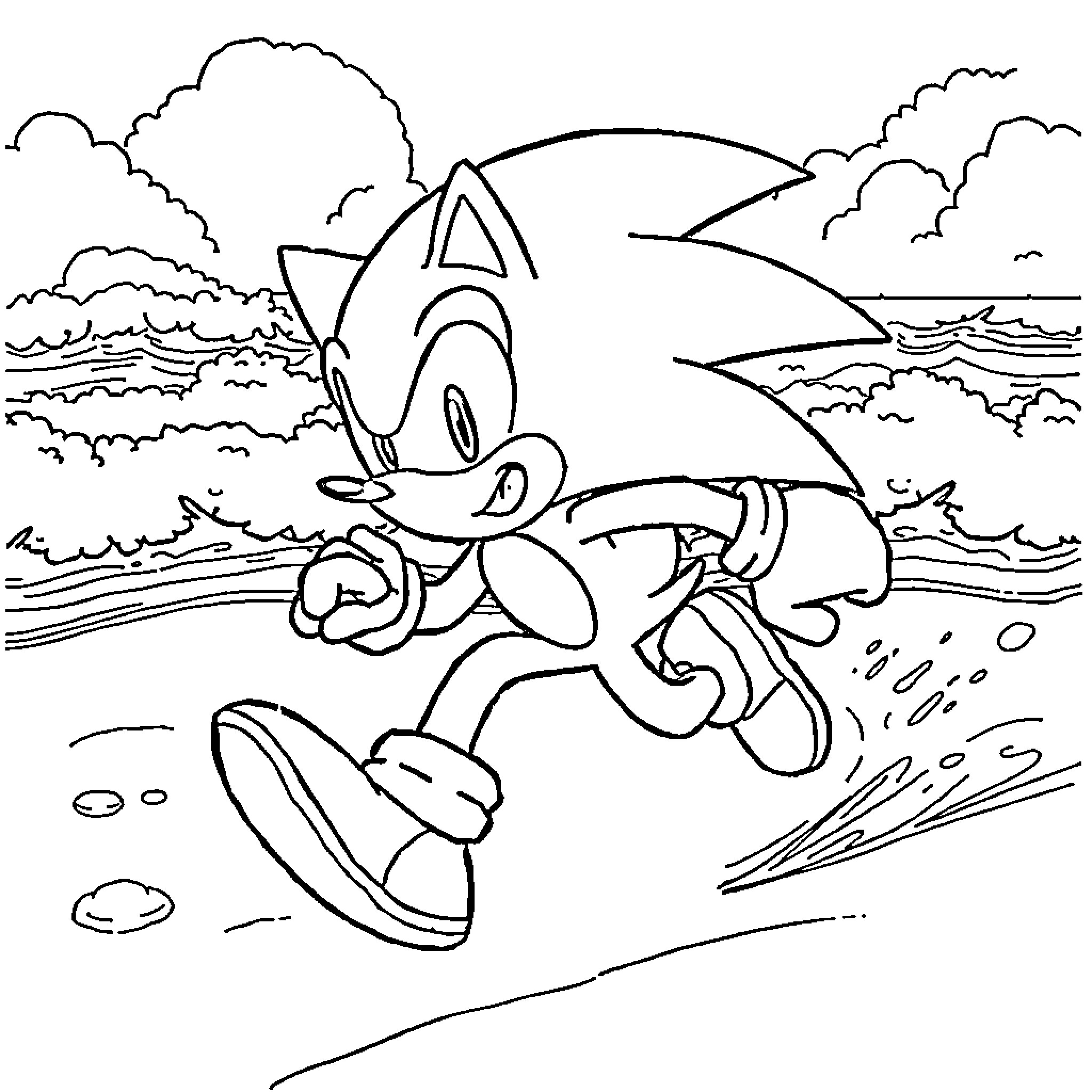 Sonic running fast through a scenic landscape Coloring Page (free black-and-white line drawing printable PDF for all, from beginners to advanced learners, including children, teens, adults, and seniors)