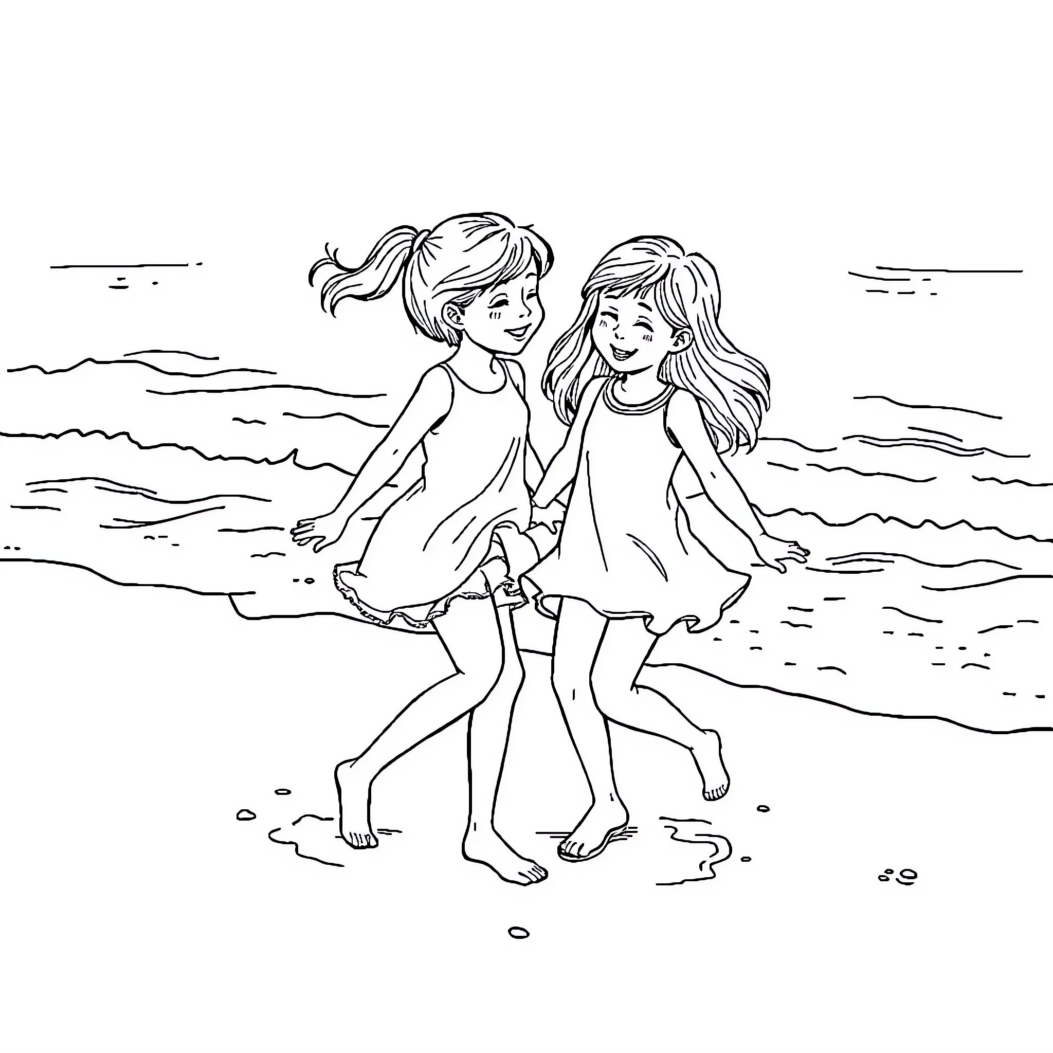 Girls playing joyfully on the beach Coloring Page (free black-and-white line drawing printable PDF for all, from beginners to advanced learners, including children, teens, adults, and seniors)