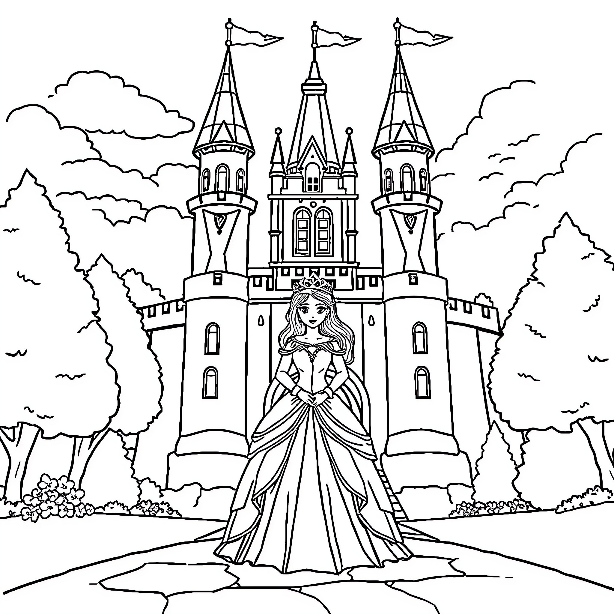 Princess in a grand castle with turrets and flags Coloring Page (free black-and-white line drawing printable PDF for all, from beginners to advanced learners, including children, teens, adults, and seniors)