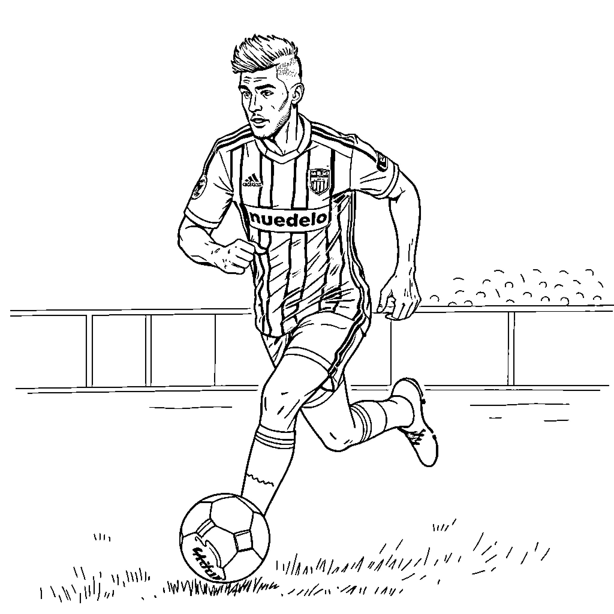 Futbol player dribbling ball on field Coloring Page (free black-and-white line drawing printable PDF for all, from beginners to advanced learners, including children, teens, adults, and seniors)