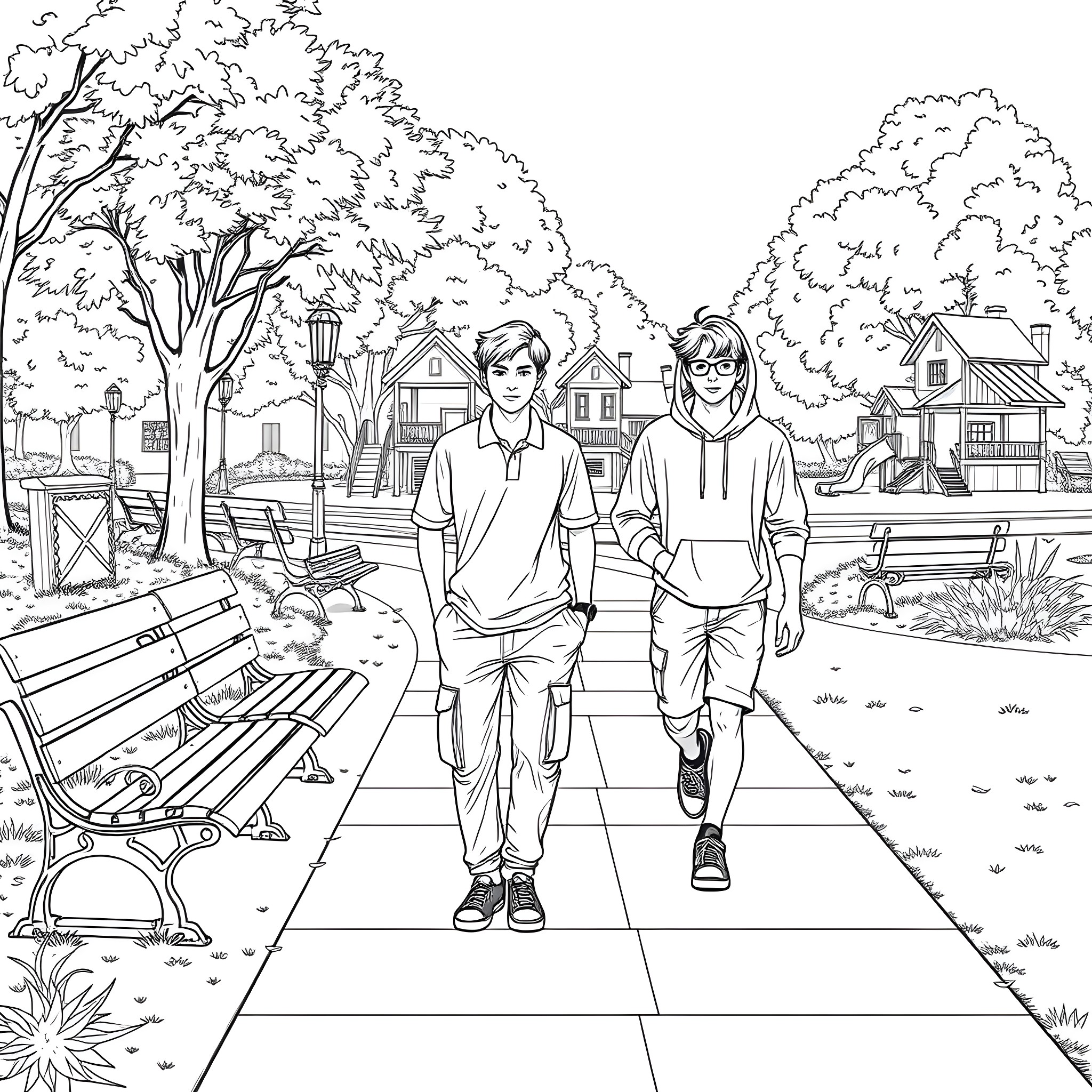 Teen Guys Walking Through a Peaceful Suburban Park Coloring Page (free black-and-white line drawing printable PDF for all, from beginners to advanced learners, including children, teens, adults, and seniors)