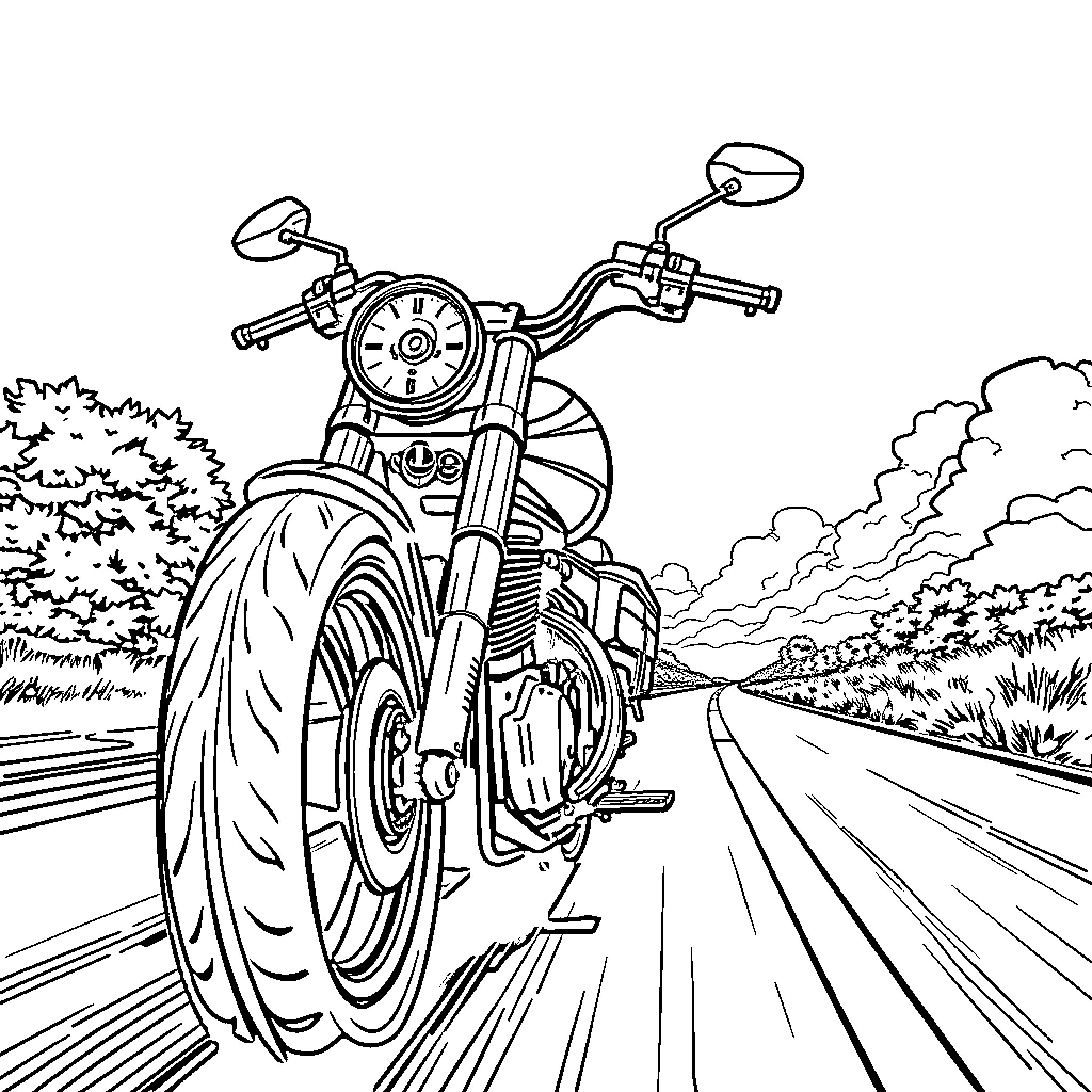Motorbike speeding down a country road Coloring Page (free black-and-white line drawing printable PDF for all, from beginners to advanced learners, including children, teens, adults, and seniors)