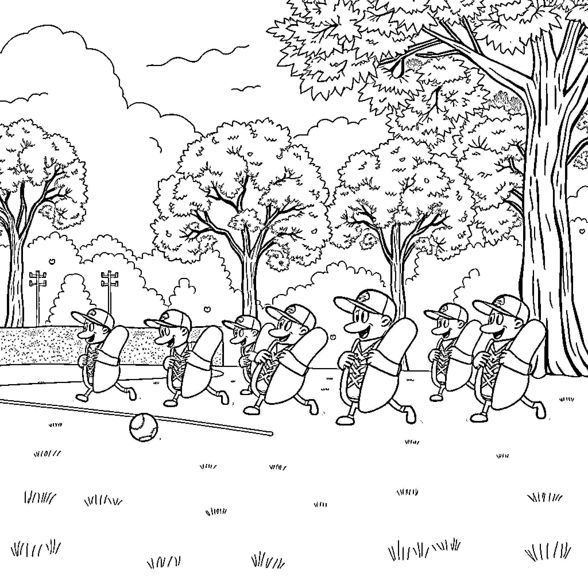Hot Dog Vendors Selling Treats in the Park Coloring Page (free black-and-white line drawing printable PDF for all, from beginners to advanced learners, including children, teens, adults, and seniors)
