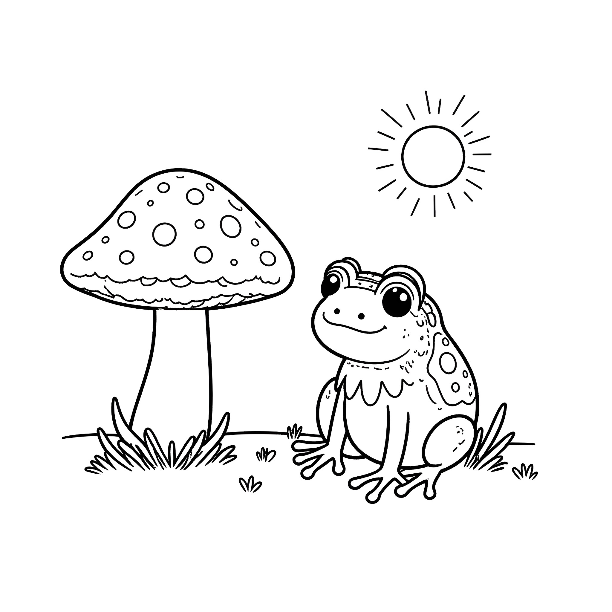 Frog resting by spotted mushroom under sunlight Coloring Page (free black-and-white line drawing printable PDF for all, from beginners to advanced learners, including children, teens, adults, and seniors)