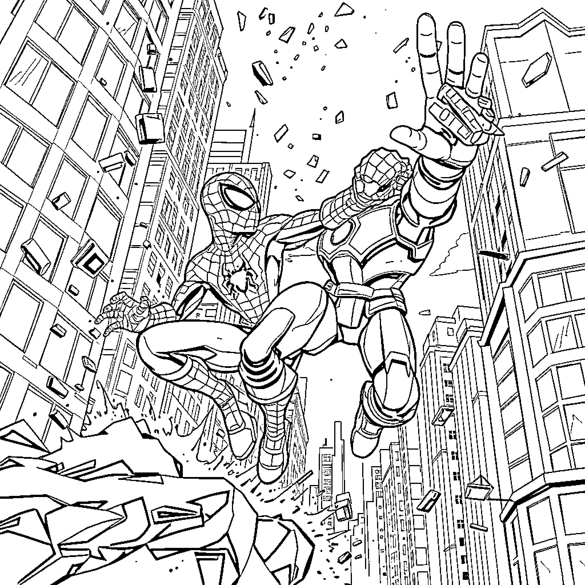 Spider-Man leaping through a crumbling city landscape Coloring Page (free black-and-white line drawing printable PDF for all, from beginners to advanced learners, including children, teens, adults, and seniors)