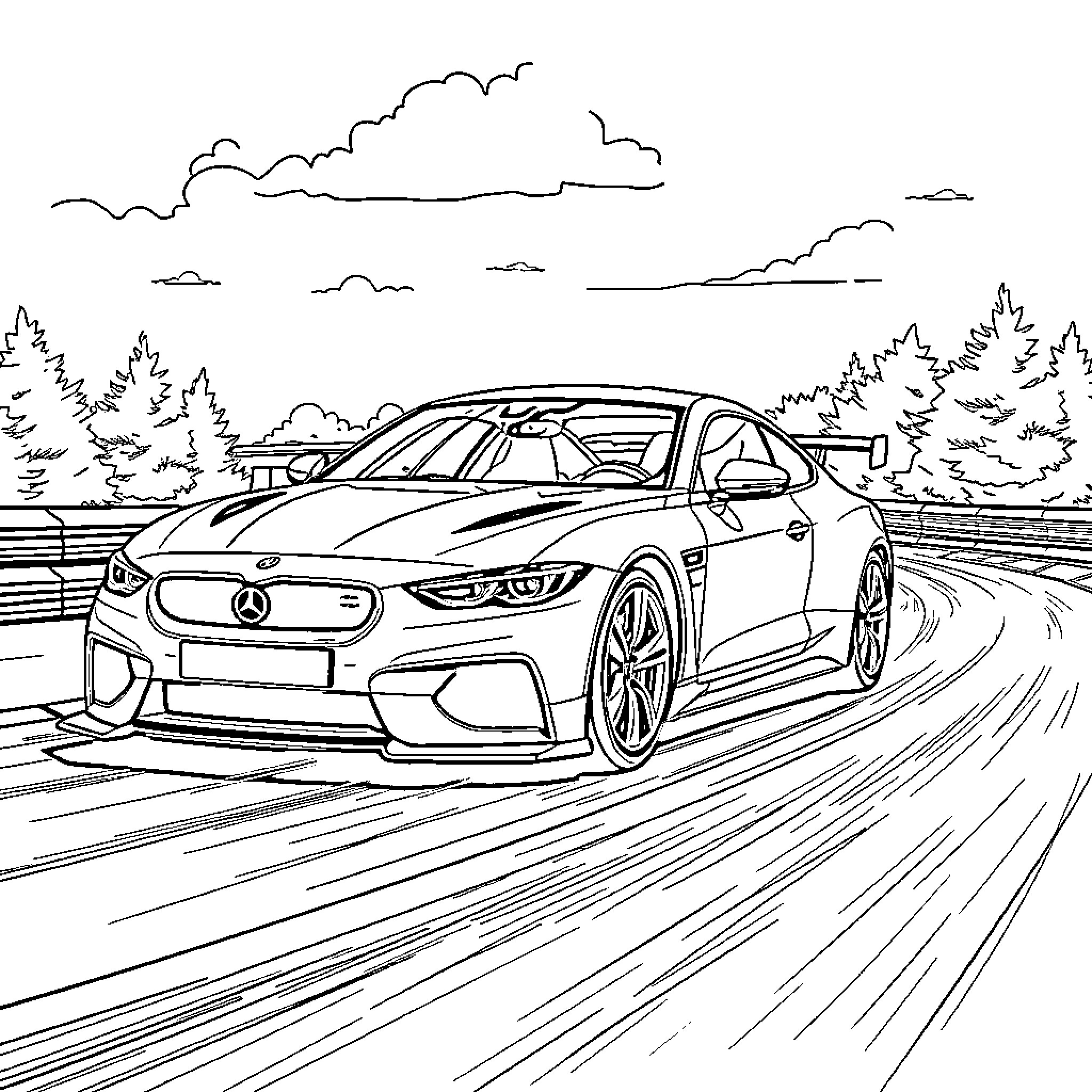 Car speeding through a winding road in the countryside Coloring Page (free black-and-white line drawing printable PDF for all, from beginners to advanced learners, including children, teens, adults, and seniors)