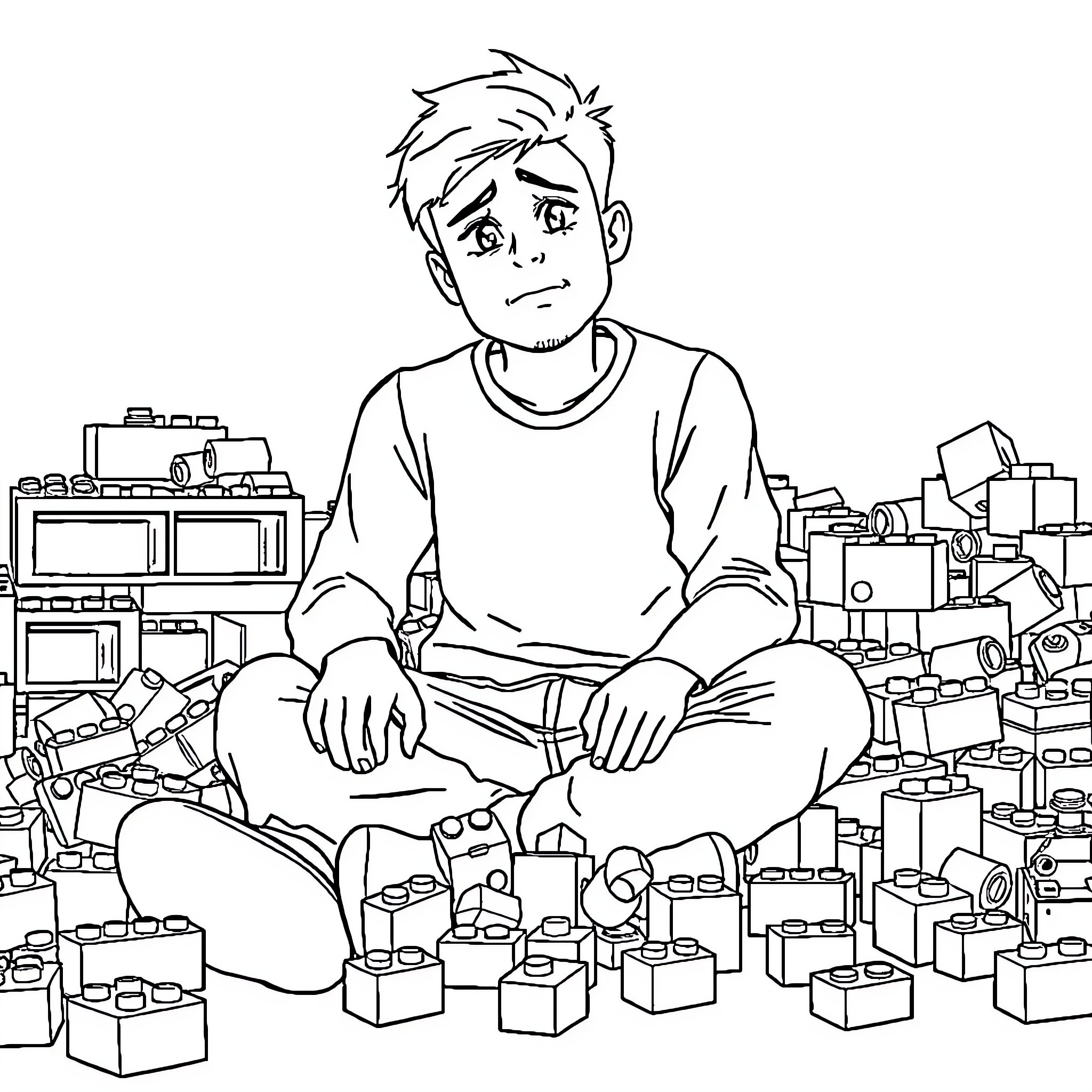 Male Seated Amidst Scattered Toys and Blocks Coloring Page (free black-and-white line drawing printable PDF for all, from beginners to advanced learners, including children, teens, adults, and seniors)