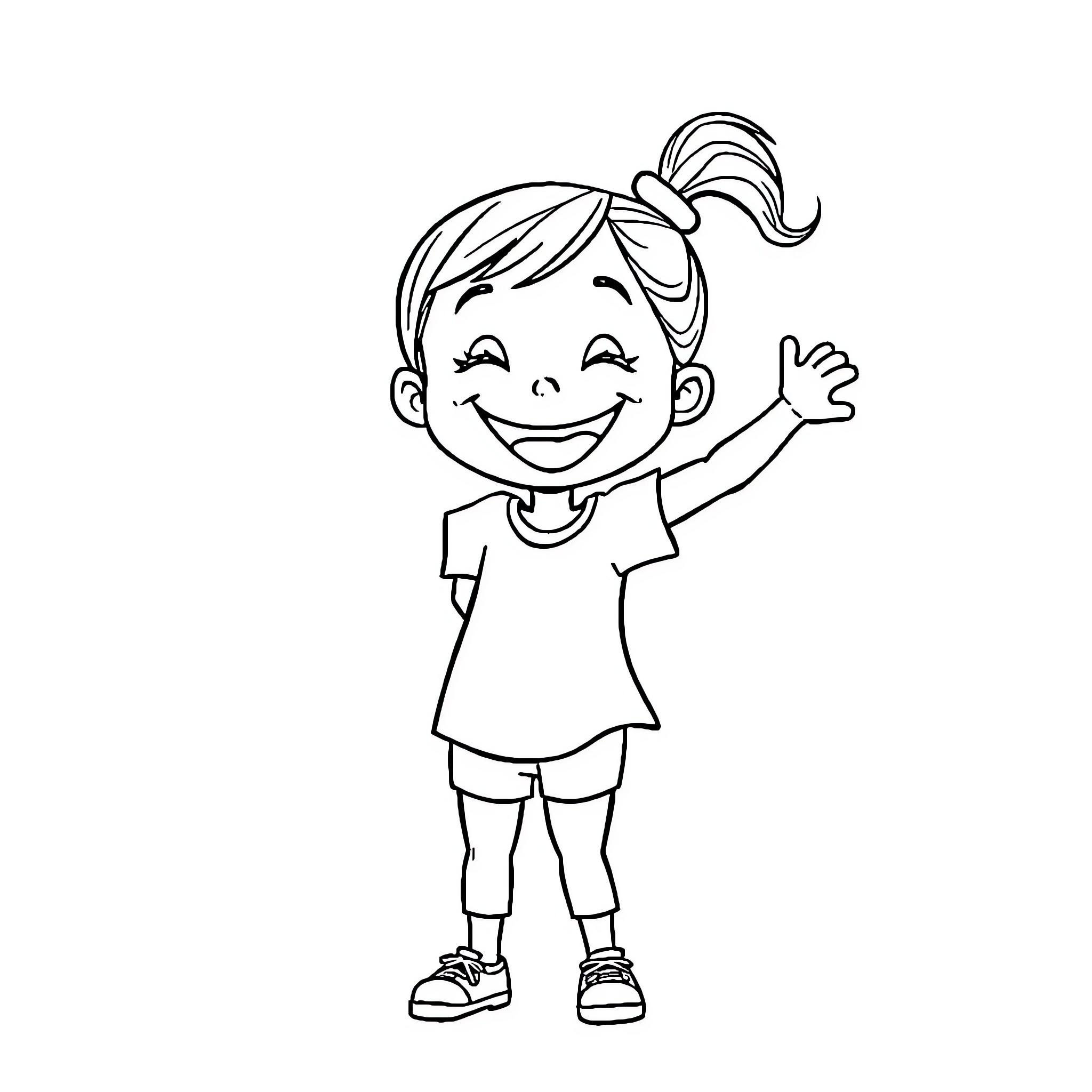 Girl happily waving and smiling Coloring Page (free black-and-white line drawing printable PDF for all, from beginners to advanced learners, including children, teens, adults, and seniors)