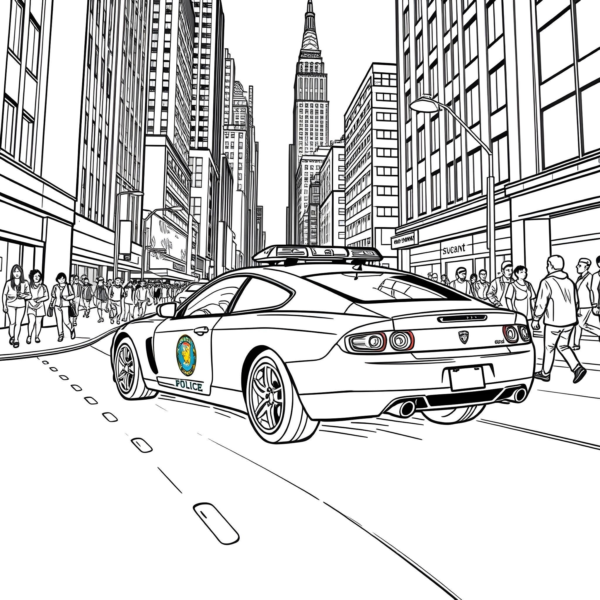 Police Car on a Bustling City Street Coloring Page (free black-and-white line drawing printable PDF for all, from beginners to advanced learners, including children, teens, adults, and seniors)