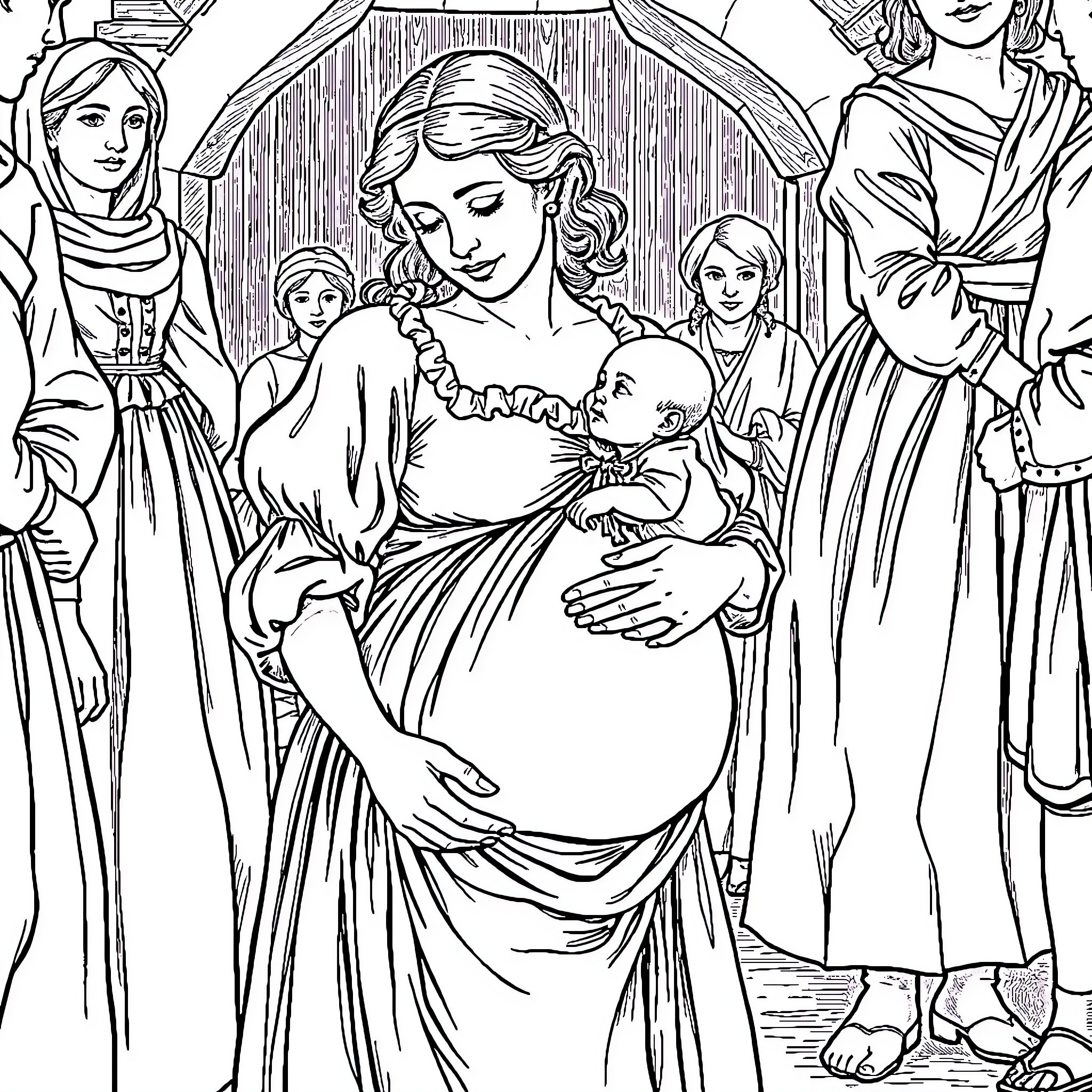 Mother Surrounded by Family in Tender Embrace Coloring Page (free black-and-white line drawing printable PDF for all, from beginners to advanced learners, including children, teens, adults, and seniors)