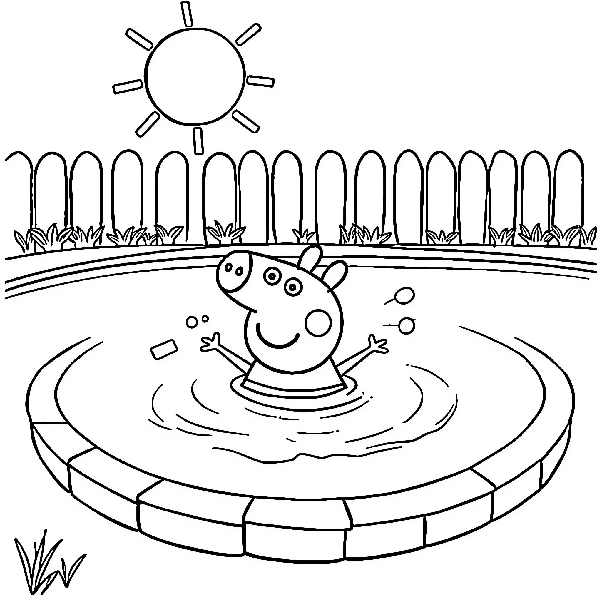 Peppa Pig playing happily in the sunny park Coloring Page (free black-and-white line drawing printable PDF for all, from beginners to advanced learners, including children, teens, adults, and seniors)