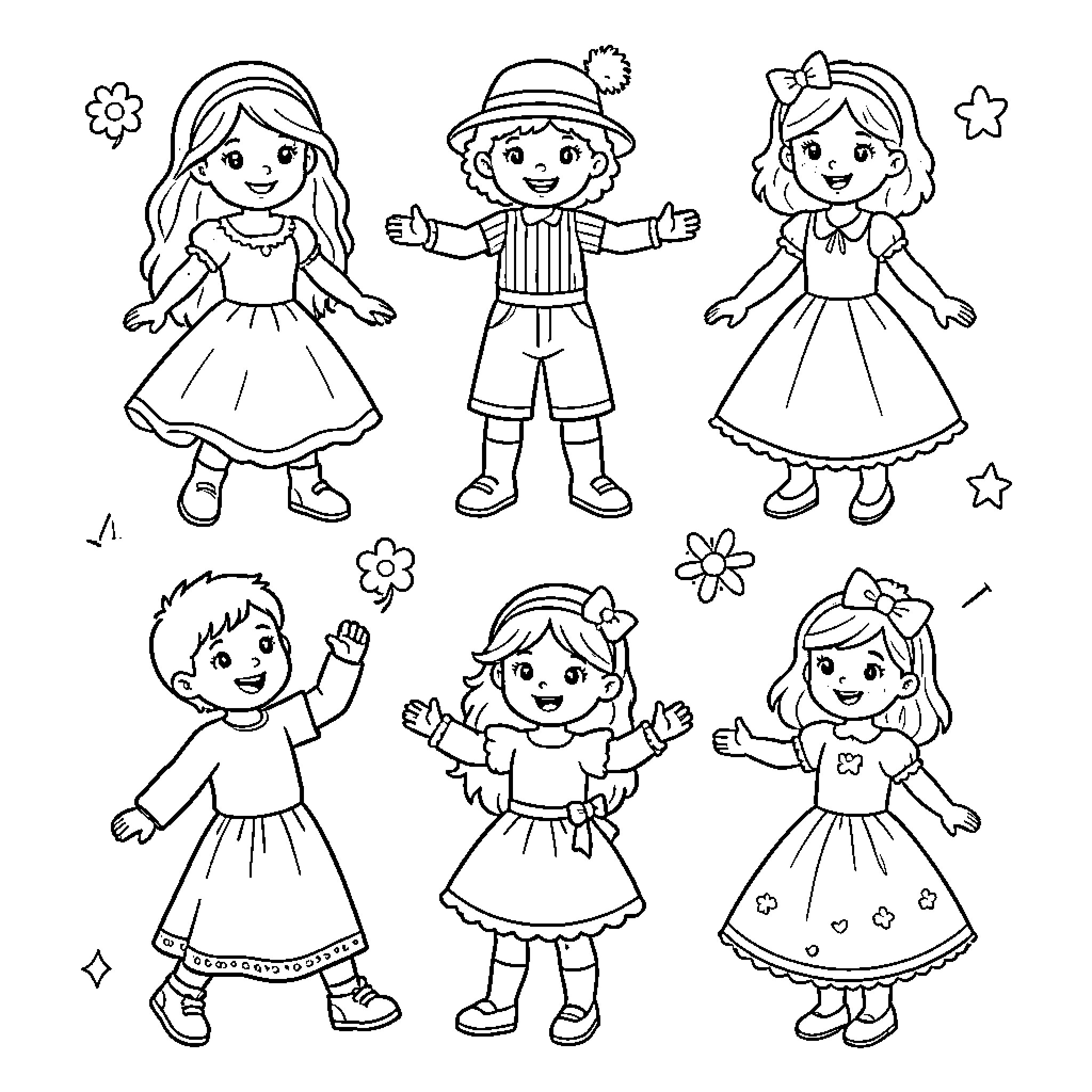 Paper Doll Figures in Various Outfits and Poses Coloring Page (free black-and-white line drawing printable PDF for all, from beginners to advanced learners, including children, teens, adults, and seniors)