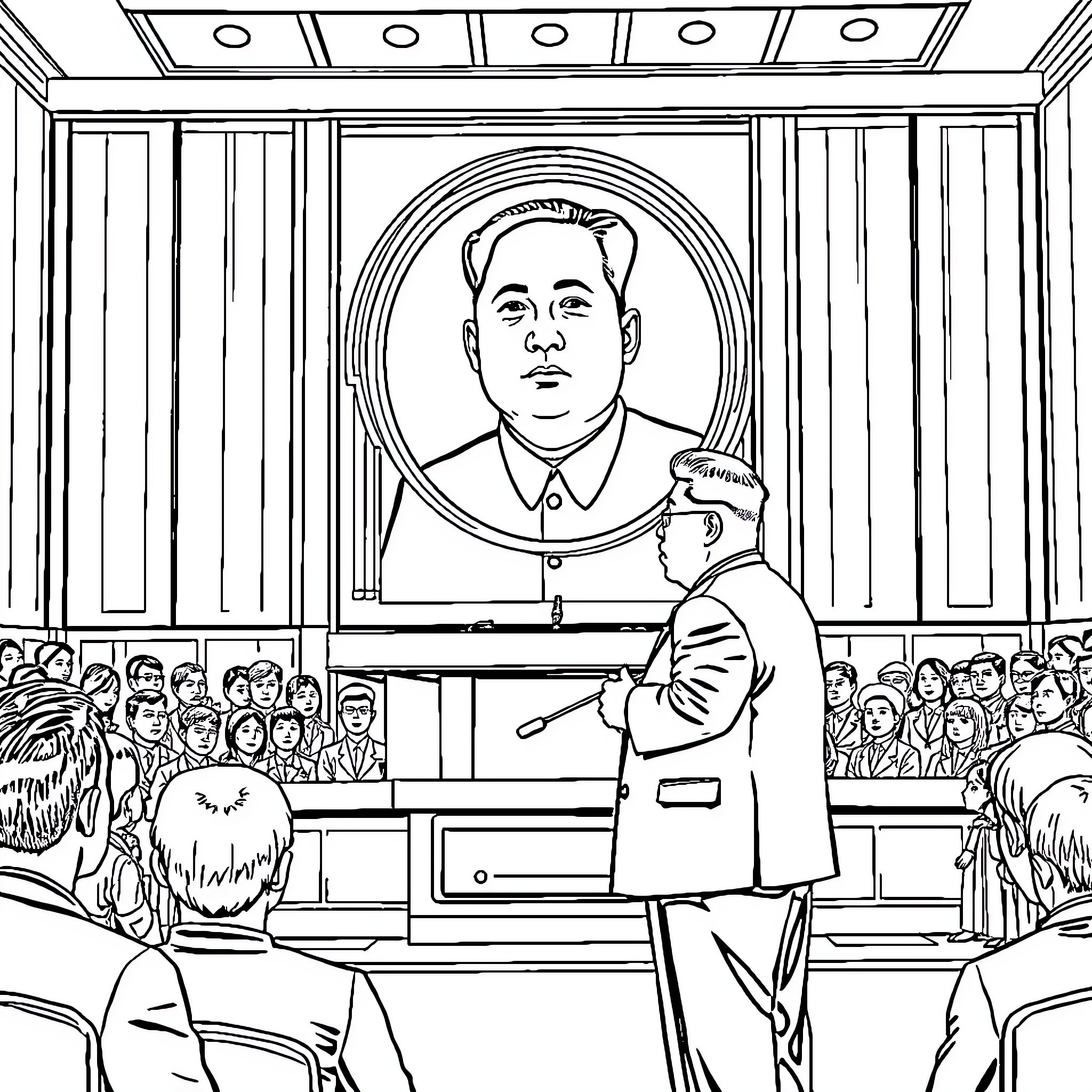 Kim Jong Un praised by North Korean crowd Coloring Page (free black-and-white line drawing printable PDF for all, from beginners to advanced learners, including children, teens, adults, and seniors)