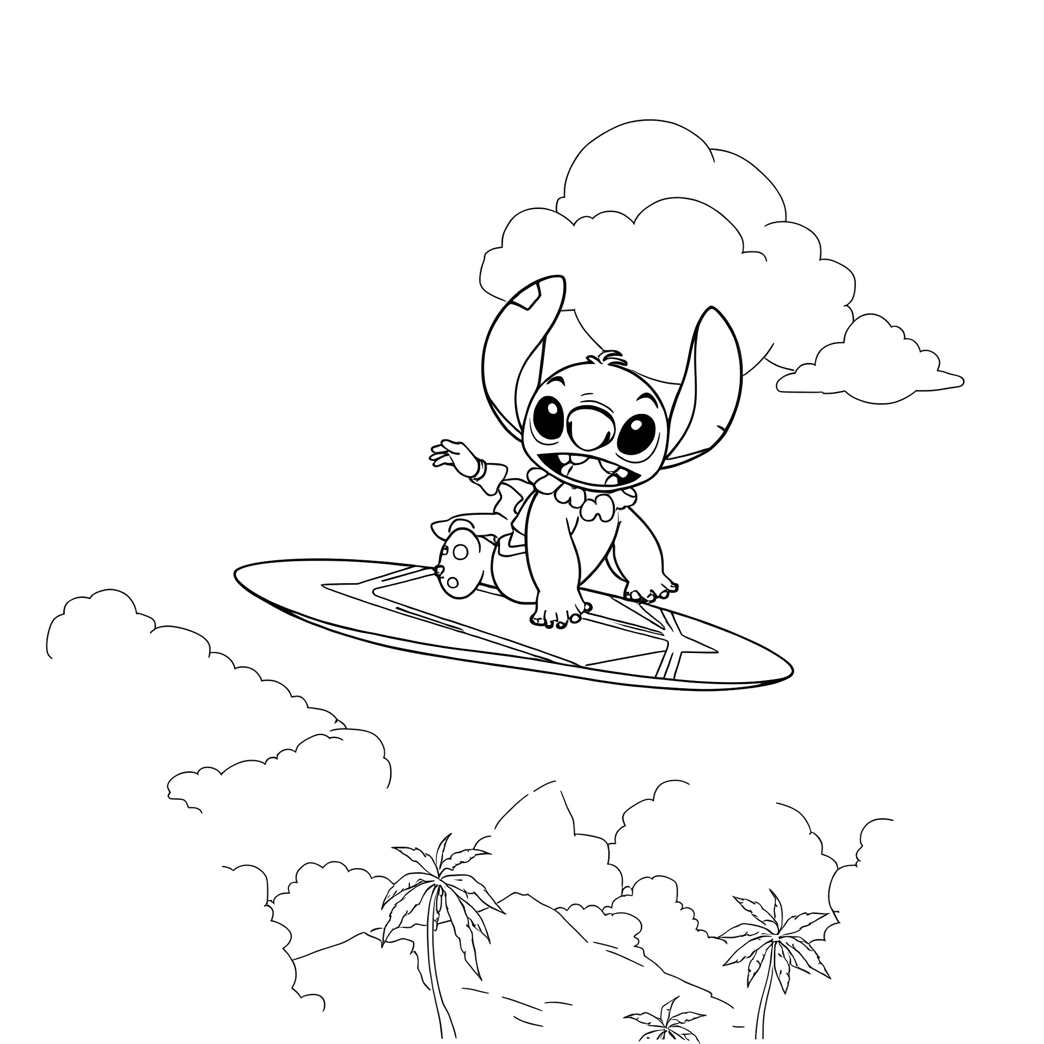 Lilo And Stitch surfing on a cloud Coloring Page (free black-and-white line drawing printable PDF for all, from beginners to advanced learners, including children, teens, adults, and seniors)