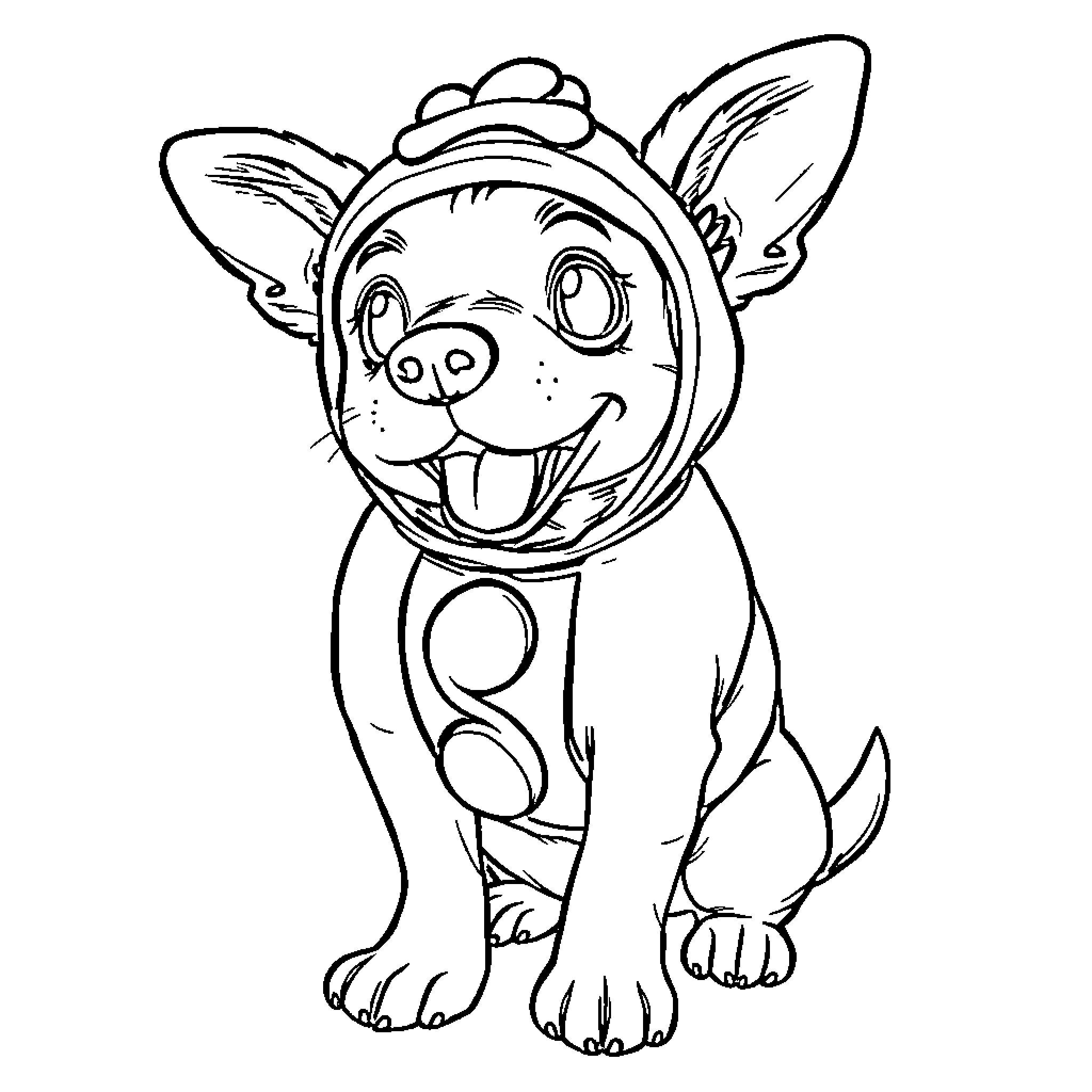 Dog wearing a hat and smiling happily Coloring Page (free black-and-white line drawing printable PDF for all, from beginners to advanced learners, including children, teens, adults, and seniors)