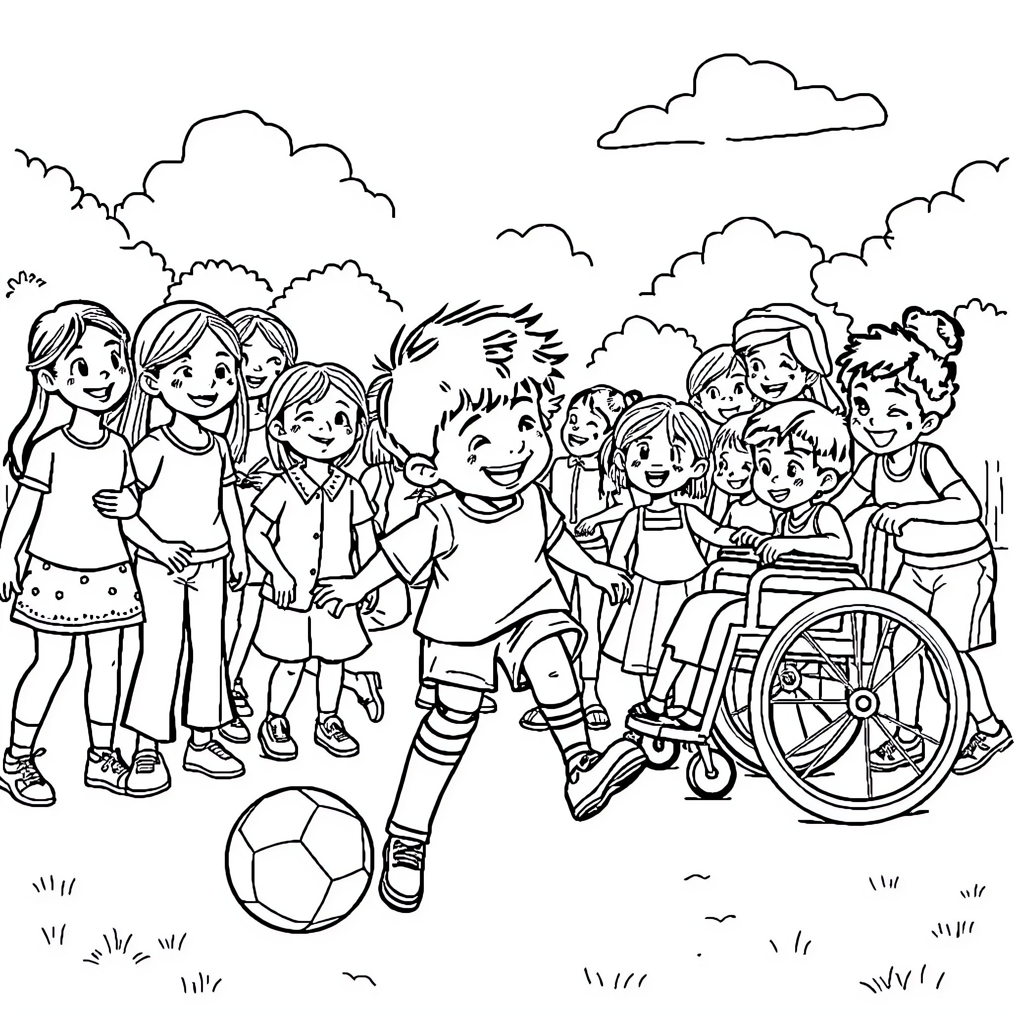 Child friends playing together outdoors Coloring Page (free black-and-white line drawing printable PDF for all, from beginners to advanced learners, including children, teens, adults, and seniors)