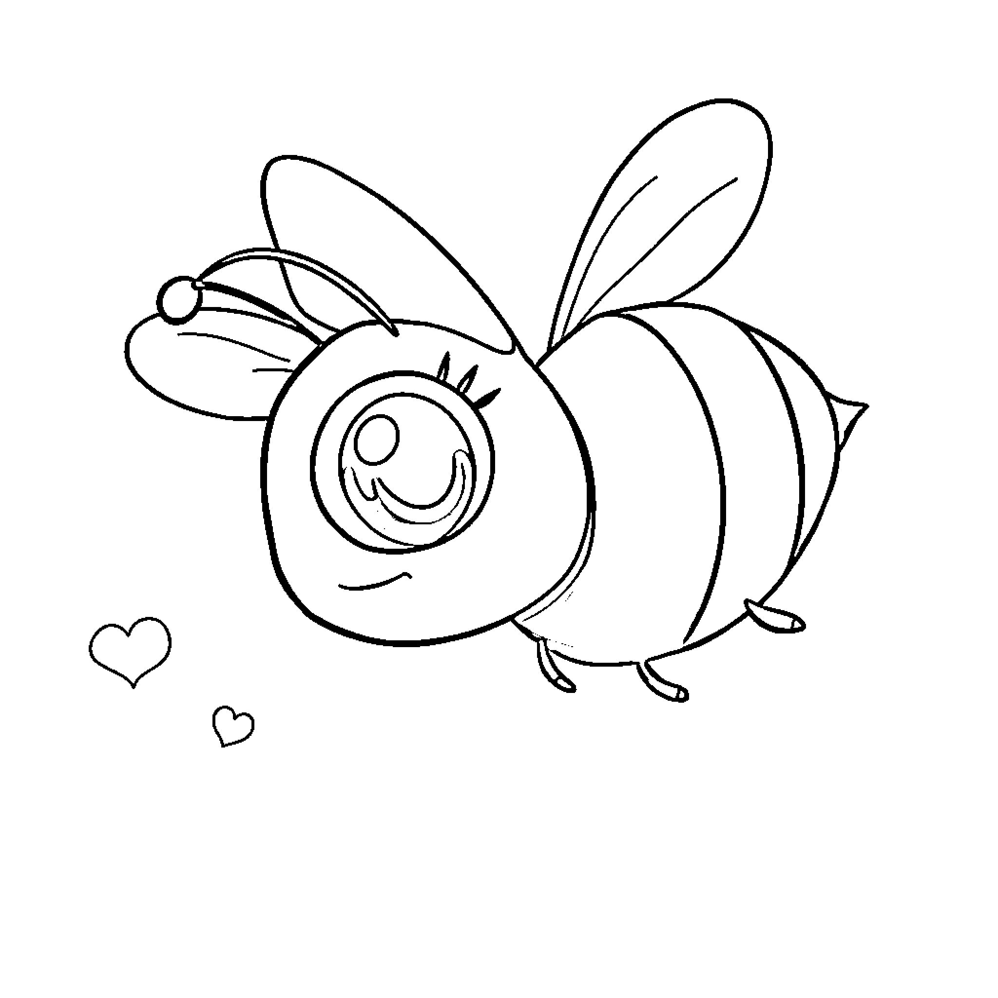 Bee flying joyfully with heart shapes Coloring Page (free black-and-white line drawing printable PDF for all, from beginners to advanced learners, including children, teens, adults, and seniors)