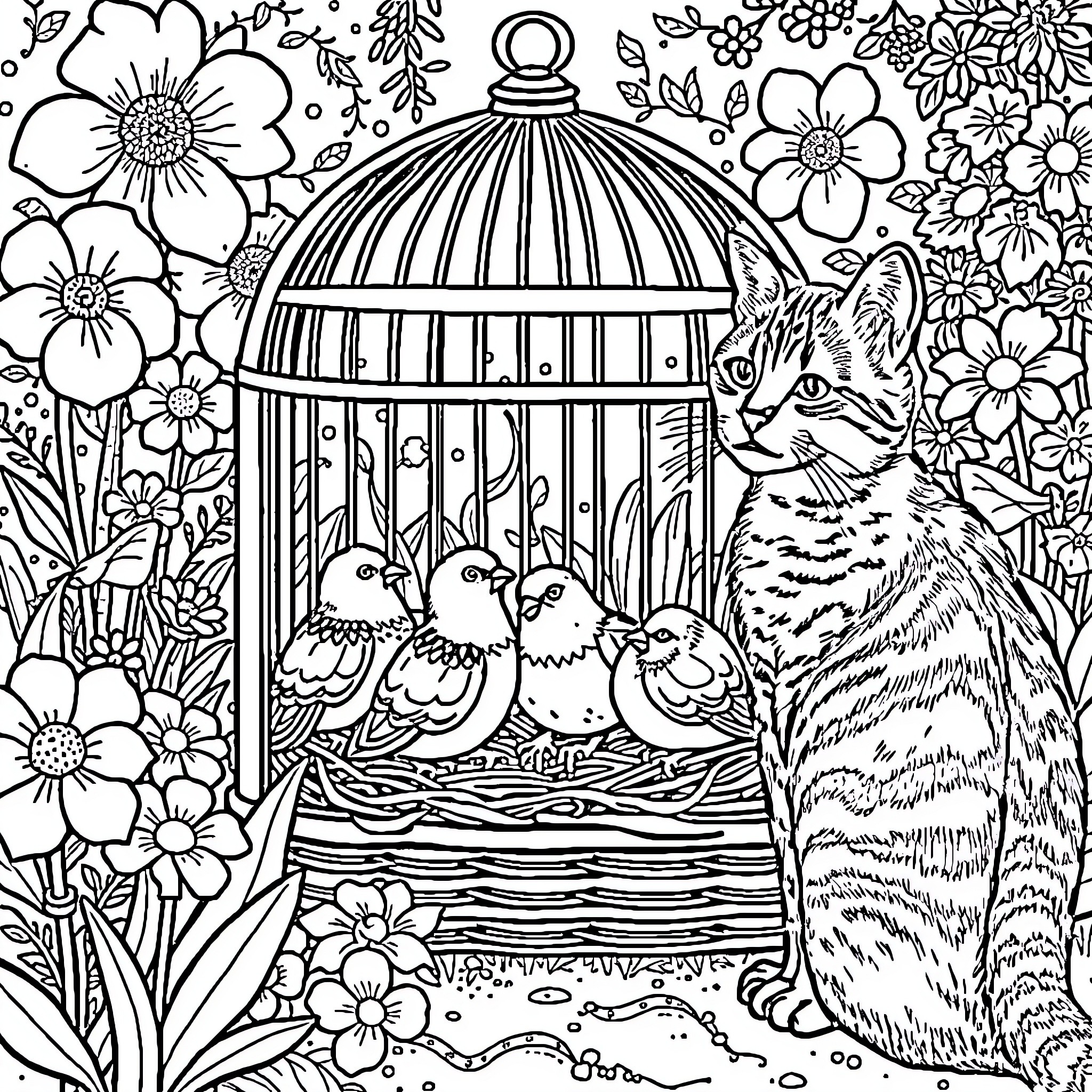 Quail Observing Birds in Birdcage surrounded by Flowers Coloring Page (free black-and-white line drawing printable PDF for all, from beginners to advanced learners, including children, teens, adults, and seniors)