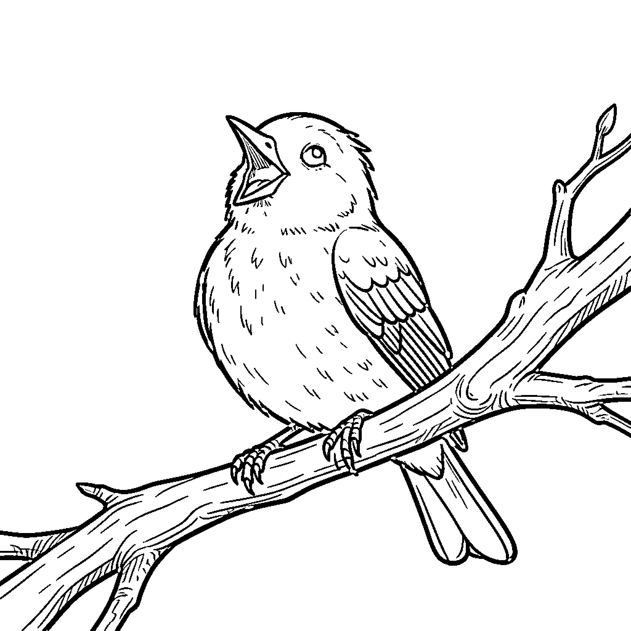 Bird perched on a tree branch Coloring Page (free black-and-white line drawing printable PDF for all, from beginners to advanced learners, including children, teens, adults, and seniors)