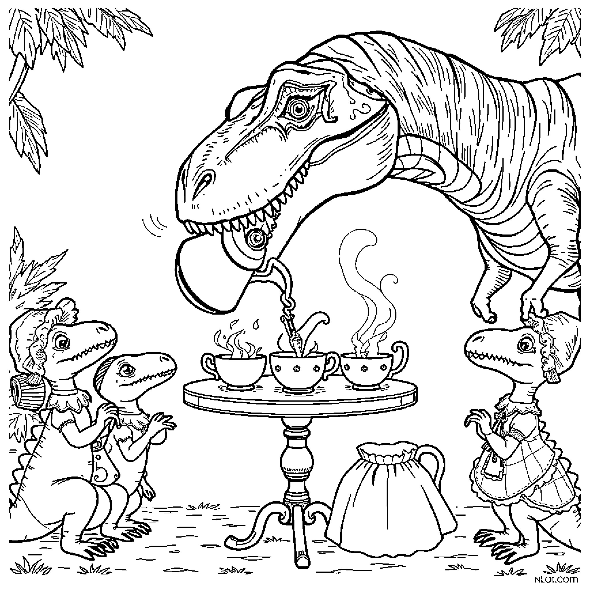 Tyrannosaurus Rex Enjoys Tea with Smaller Dinosaurs Coloring Page (free black-and-white line drawing printable PDF for all, from beginners to advanced learners, including children, teens, adults, and seniors)