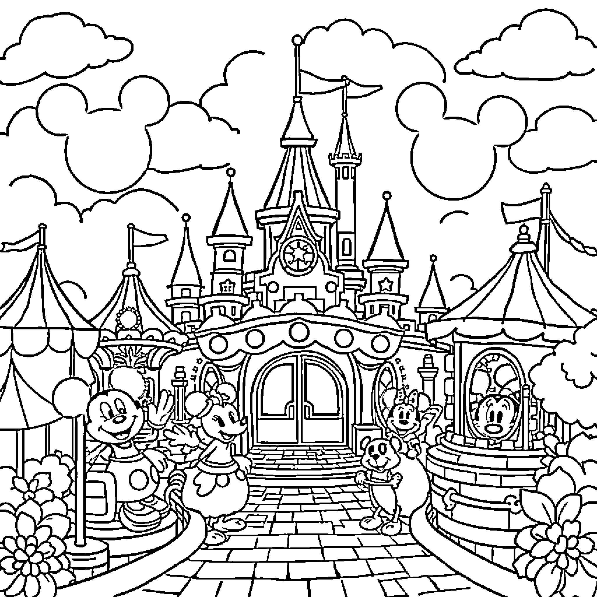 Minnie's Magical Disney Castle Adventure Coloring Page (free black-and-white line drawing printable PDF for all, from beginners to advanced learners, including children, teens, adults, and seniors)