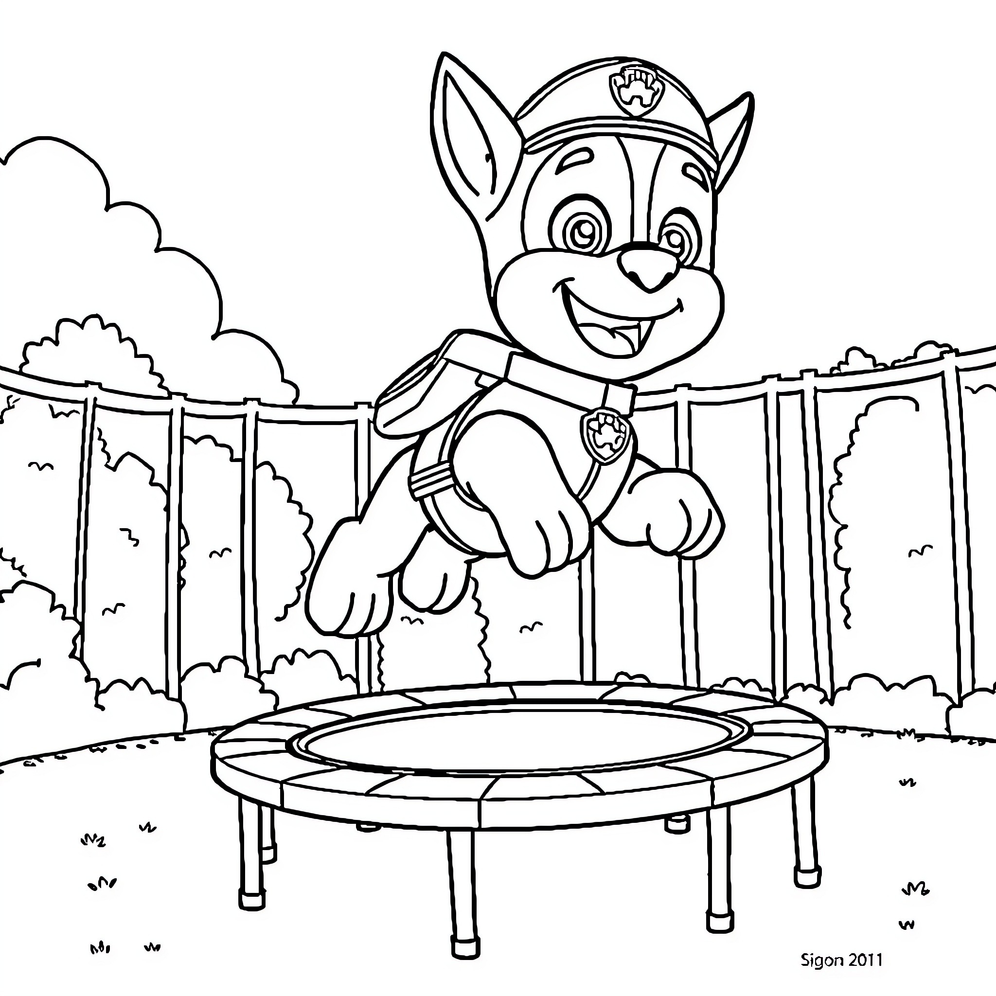 Chase the Pup's Playful Trampoline Adventure Coloring Page (free black-and-white line drawing printable PDF for all, from beginners to advanced learners, including children, teens, adults, and seniors)