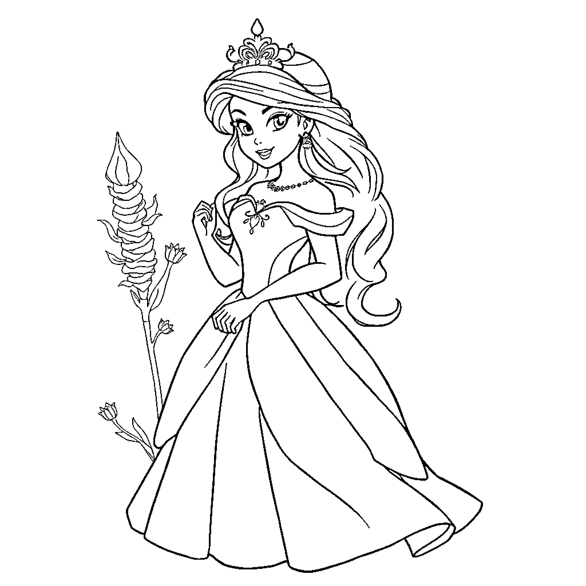 Unicorn Princess in Elegant Gown and Crown Coloring Page (free black-and-white line drawing printable PDF for all, from beginners to advanced learners, including children, teens, adults, and seniors)