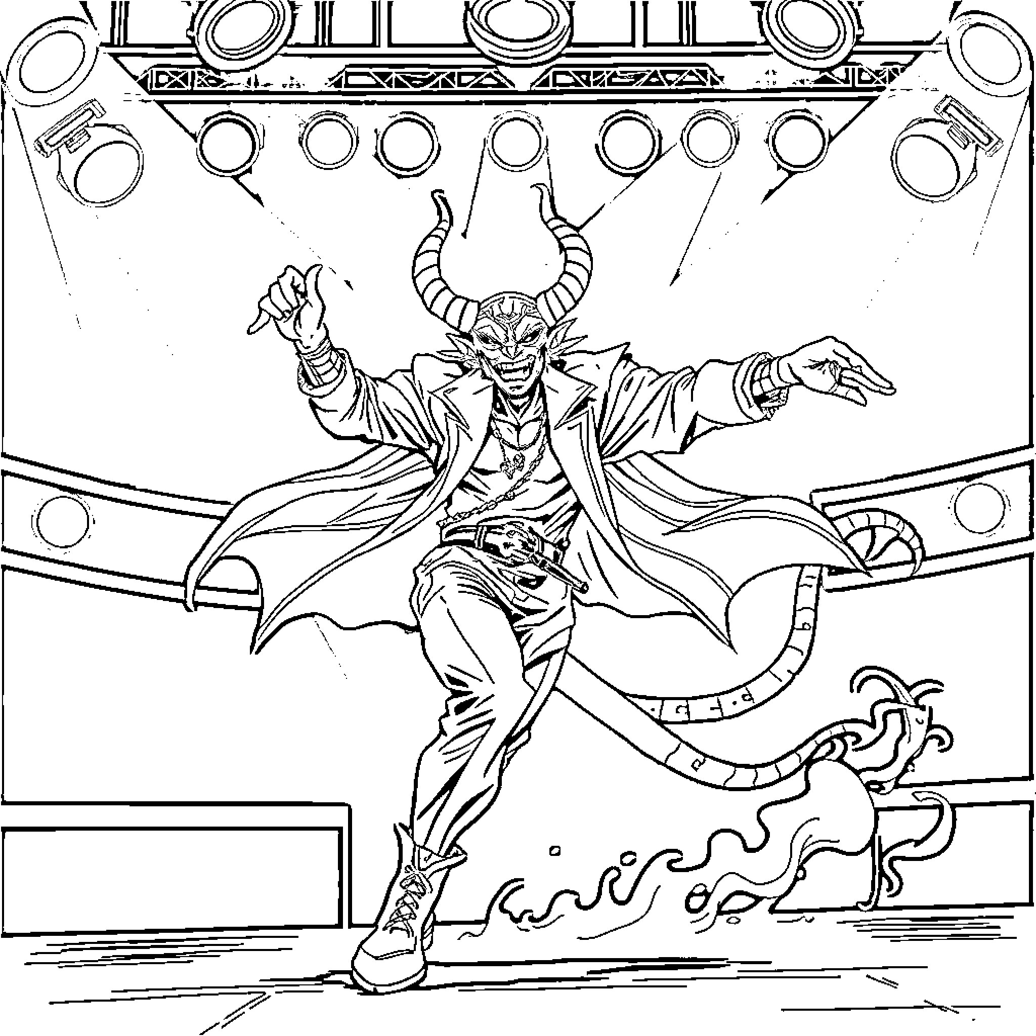 Demon Hunter in Action on Stage Coloring Page (free black-and-white line drawing printable PDF for all, from beginners to advanced learners, including children, teens, adults, and seniors)